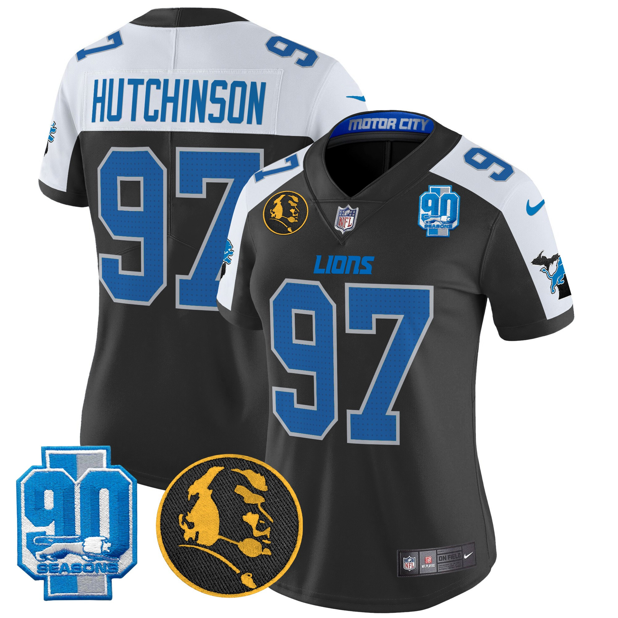 Hutchinson Women's Detroit Lions 2024 90th & John Madden Patch Vapor Limited Black Alternate Jersey - All Stitched