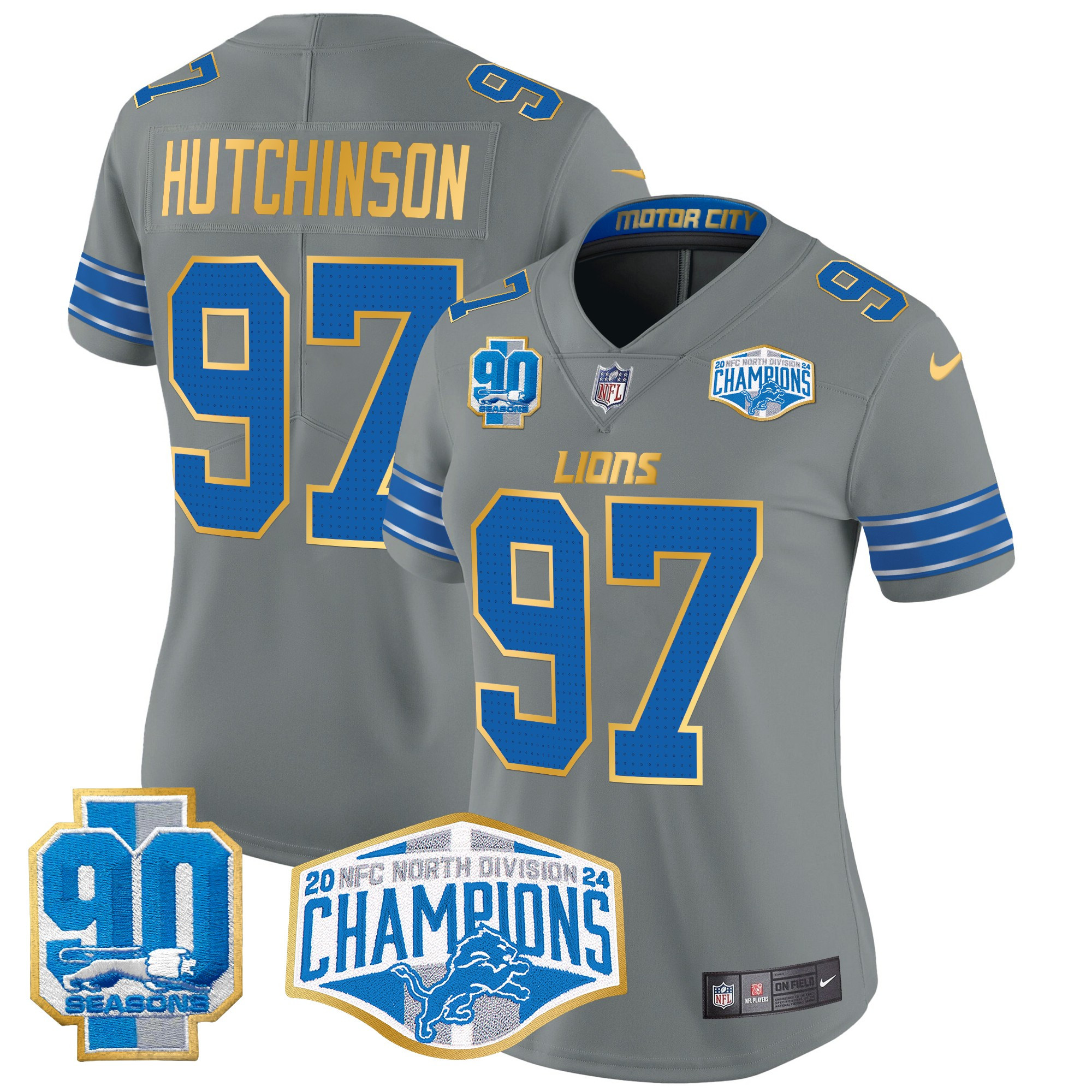 Hutchinson Women's Detroit Lions 2024 NFC North Division Champions Patch Gold Trim Vapor Limited Gray Jersey - All Stitched