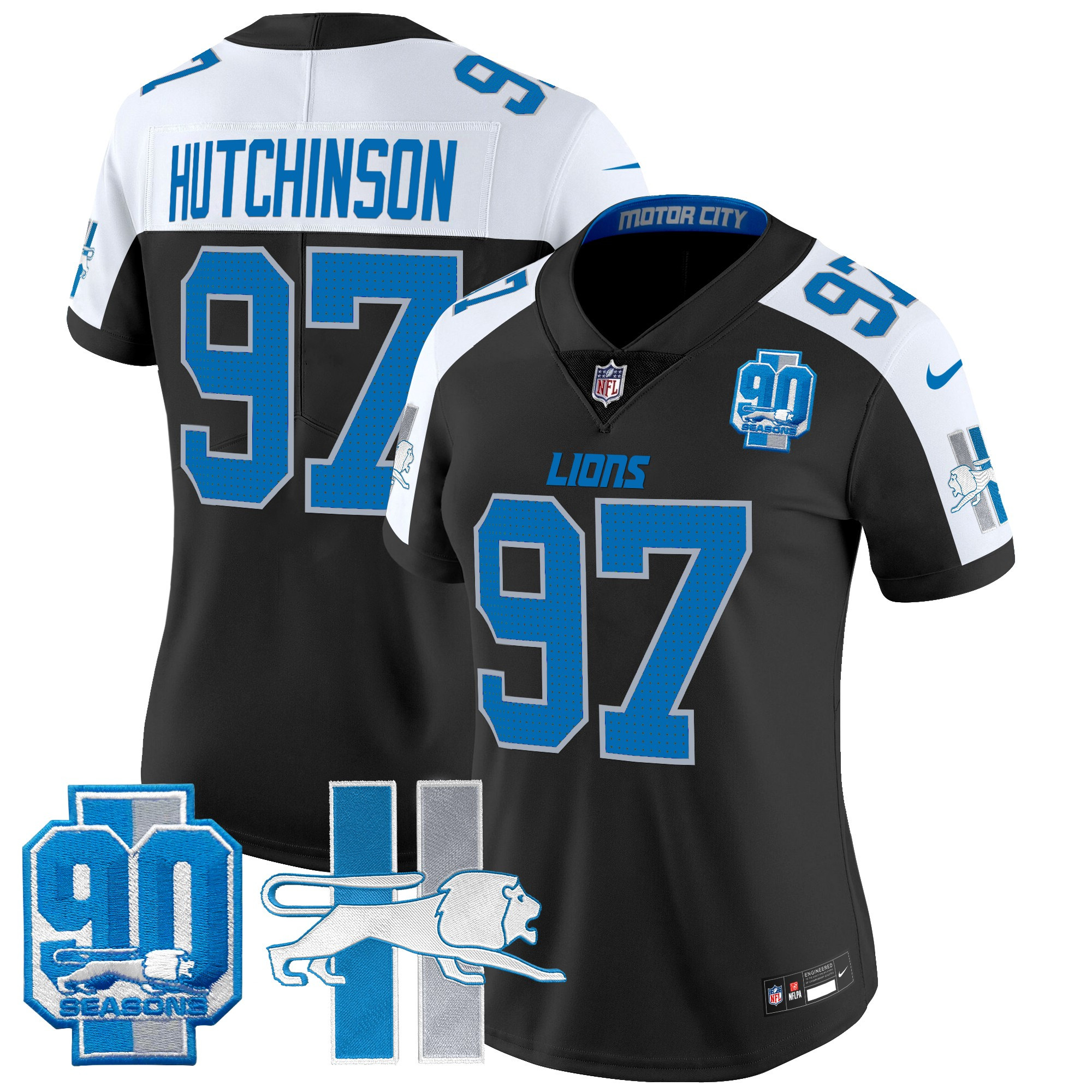 Hutchinson Women's Detroit Lions Throwback 90th Year Patch Vapor Limited Black Alternate Jersey - All Stitched