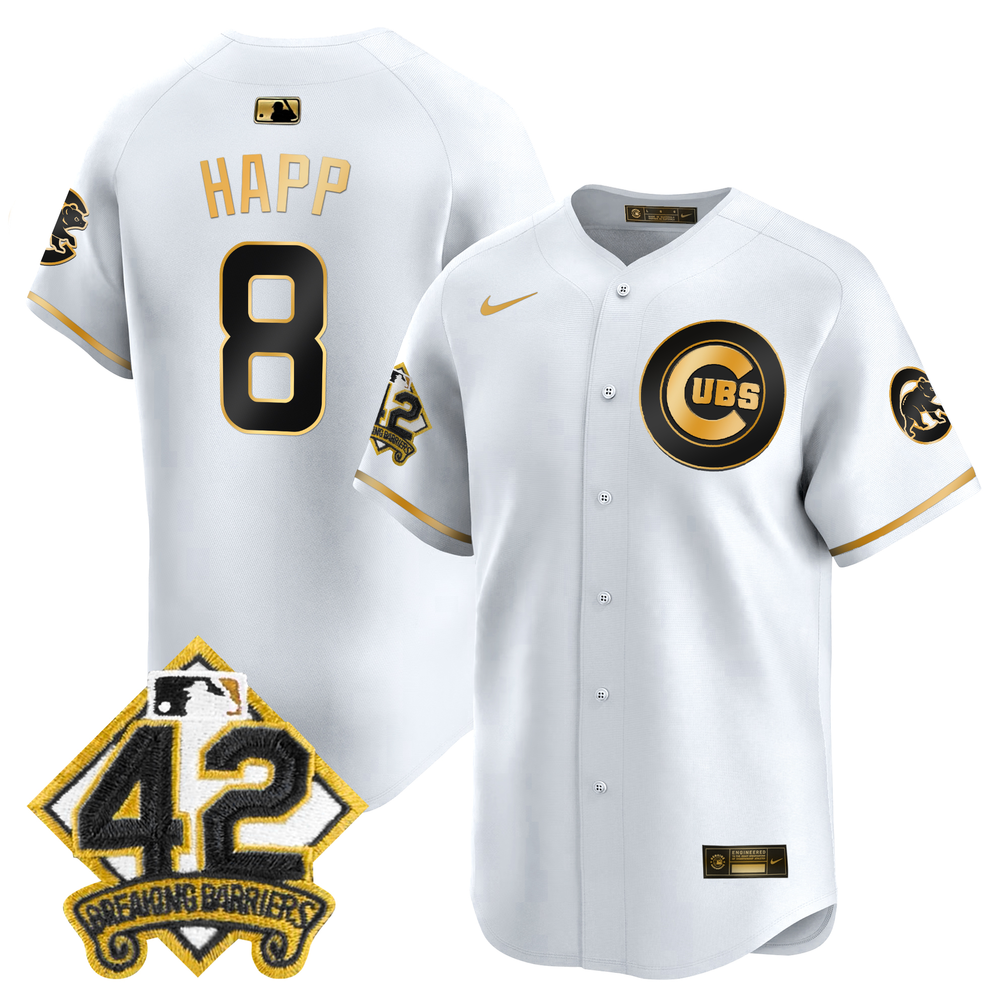 Ian Happ Men's Chicago Cubs 2025 Jackie Robinson Patch Vapor Premier Limited White Gold Jersey - All Stitched