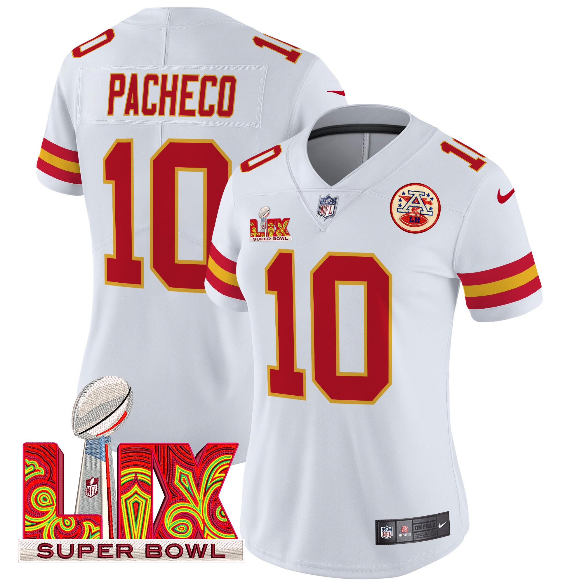 Isiah Pacheco Women's Kansas City Chiefs Super Bowl LIX Patch Vapor Limited White Jersey - All Stitched