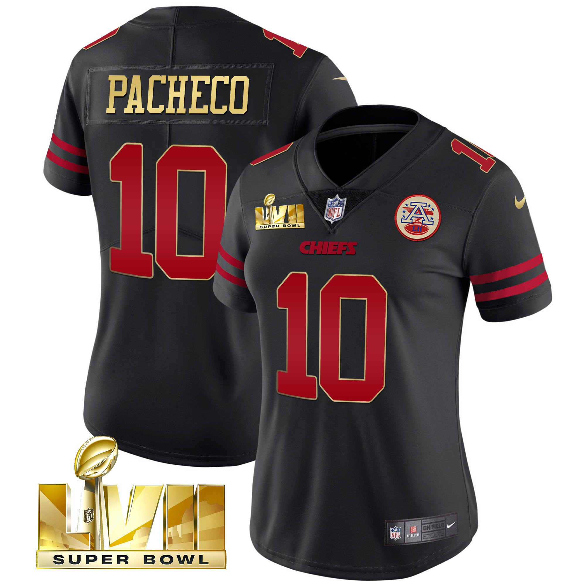 Isiah Pacheco Women's Kansas City Chiefs Super Bowl LVII Red Gold Vapor Black Gold Trim Jersey - All Stitched