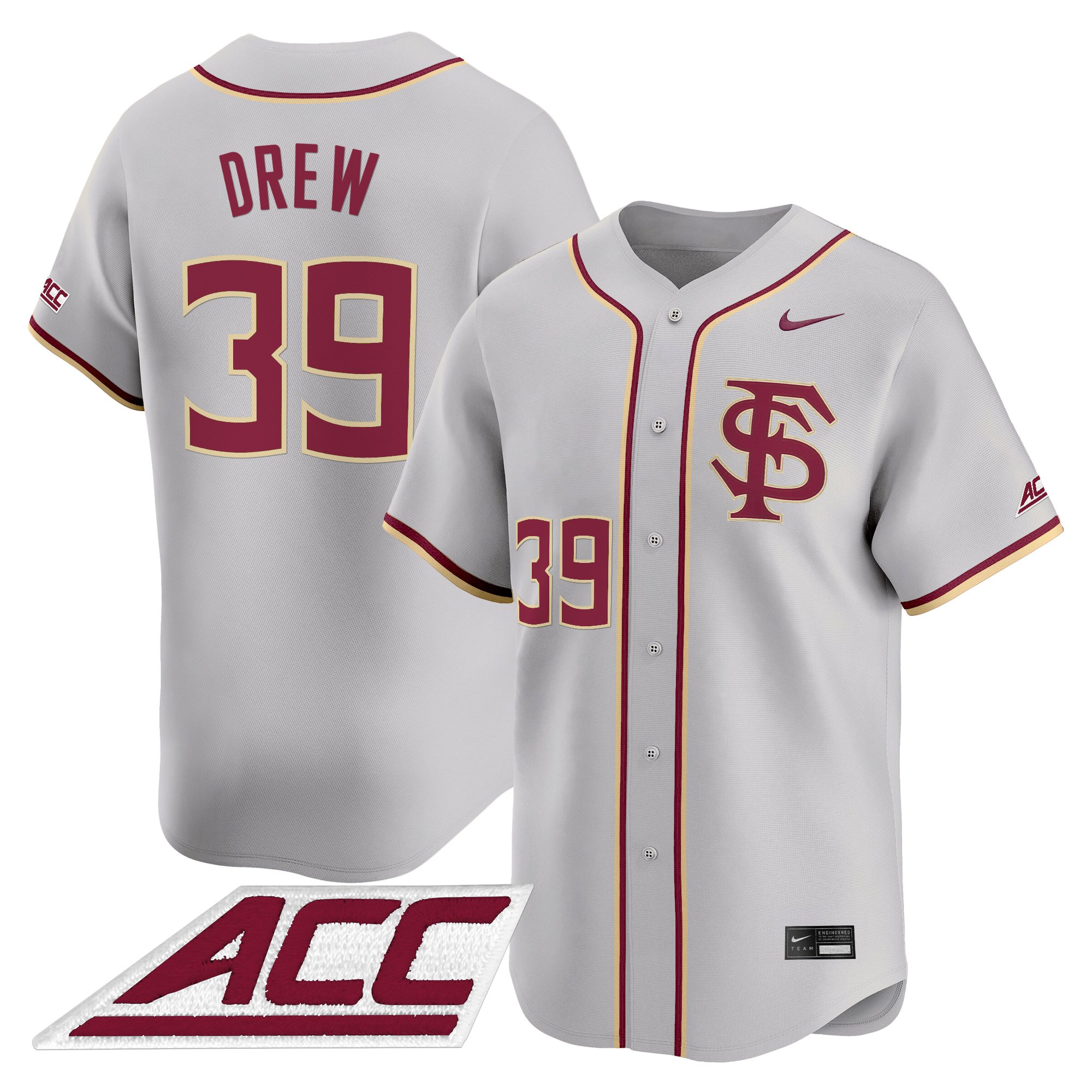 J.D. Drew Men's Florida State Seminoles 2025 Vapor Premier Limited Gray Jersey - All Stitched