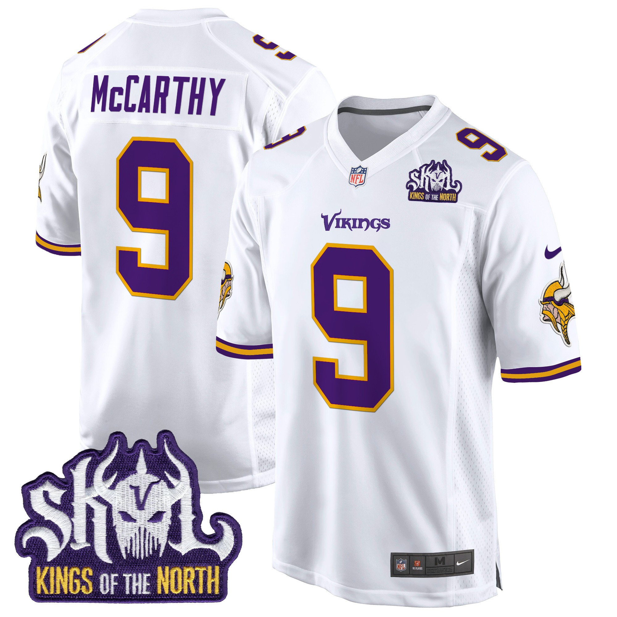 J.J. McCarthy Men's Minnesota Vikings King Of The North Patch Throwback Game White Jersey - All Stitched