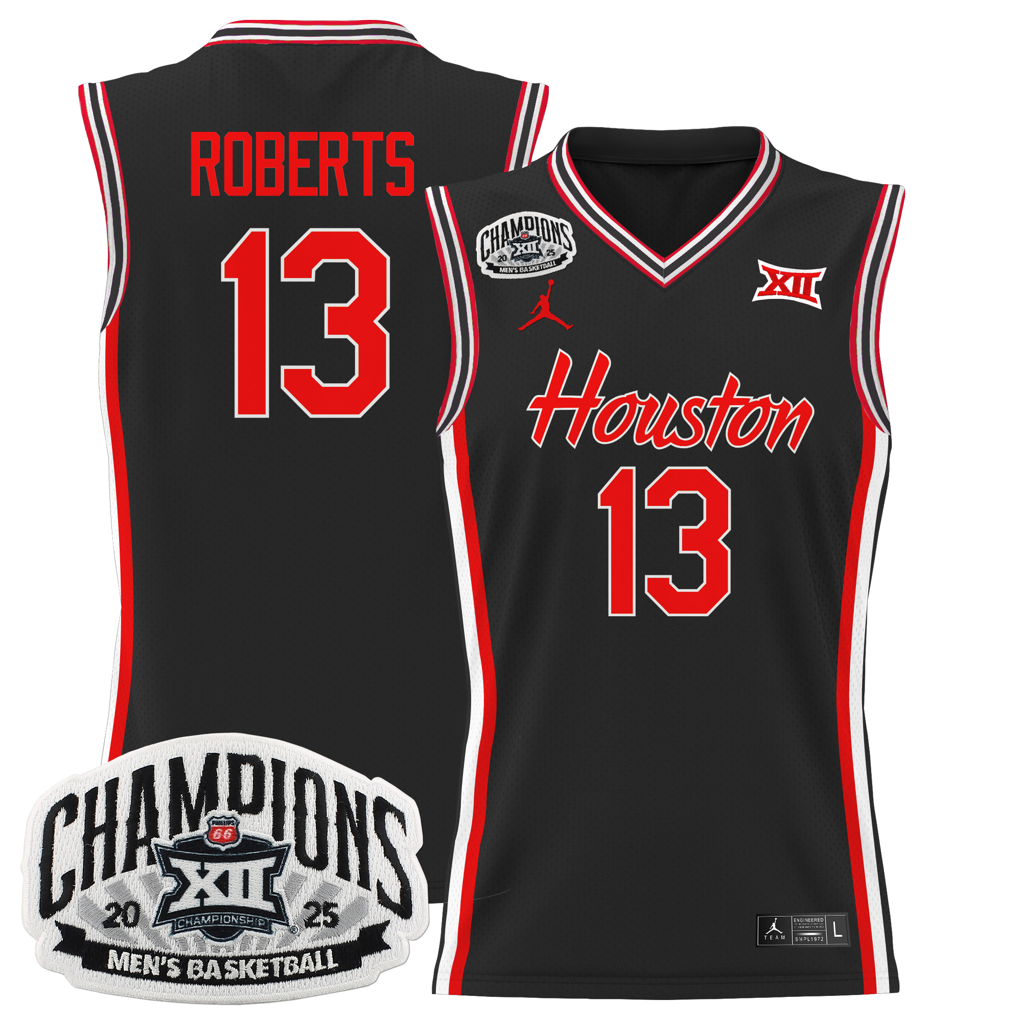 JWan Roberts Men's Houston Cougars 2025 Big 12 Tournament Champions Basketball Black Jersey - All Stitched