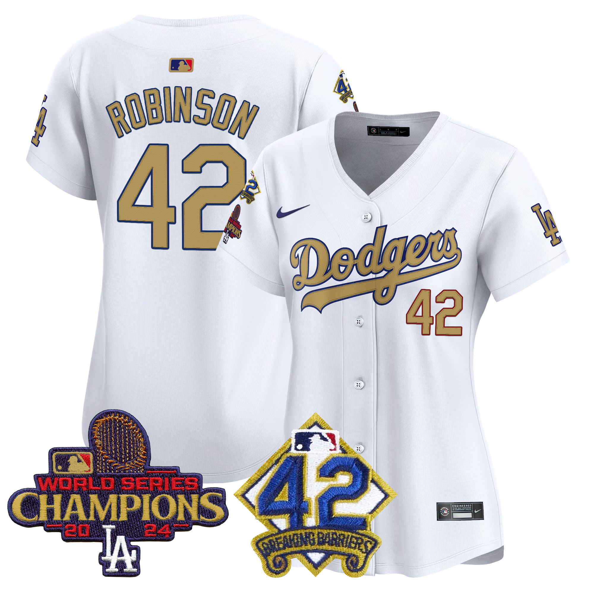Jackie Robinson Women's Los Angeles Dodgers 2024 World Series Champions & Jackie Robinson Patch Vapor Premier Limited White Jersey - All Stitched