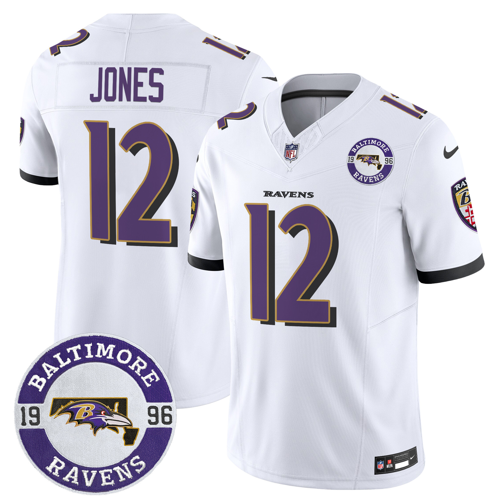 Jacoby Jones Men's Baltimore Ravens 2024 Vapor Limited White Jersey - Est. 1996 Patch - All Stitched