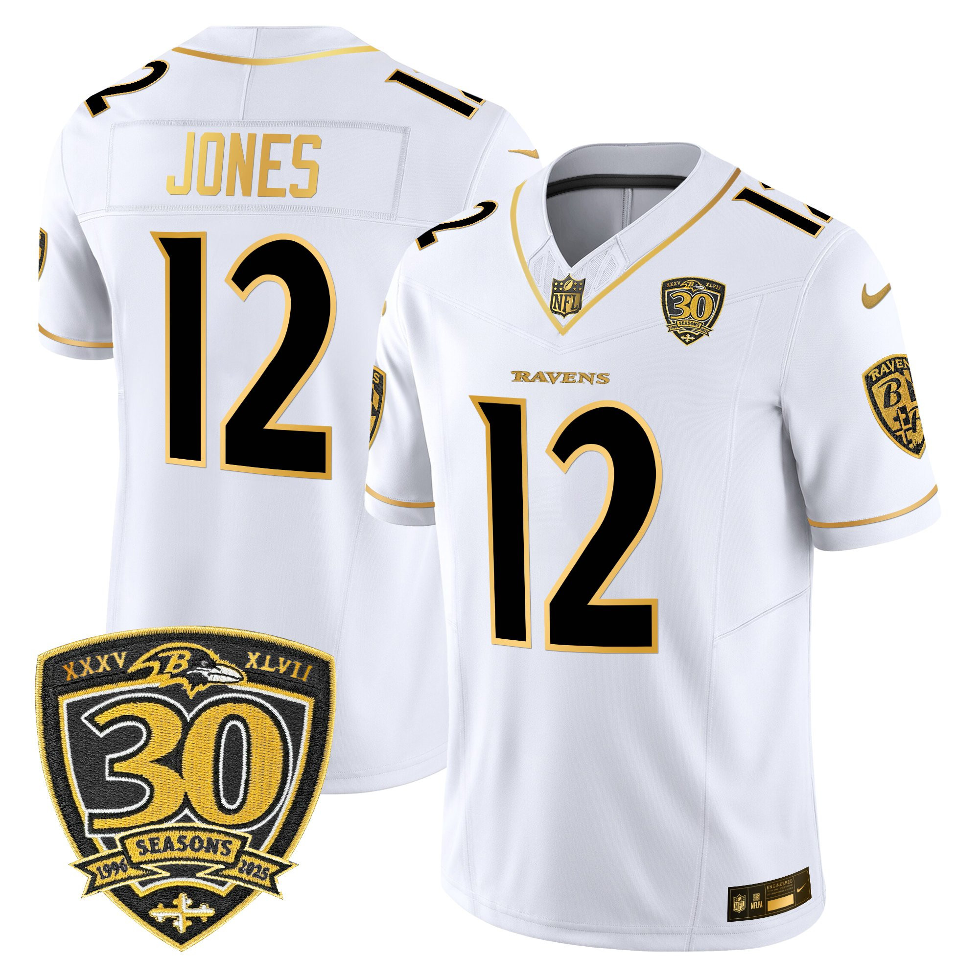 Jacoby Jones Men's Baltimore Ravens 2025 Gold Vapor Limited White Gold Jersey - 30th Anniversary Patch - All Stitched