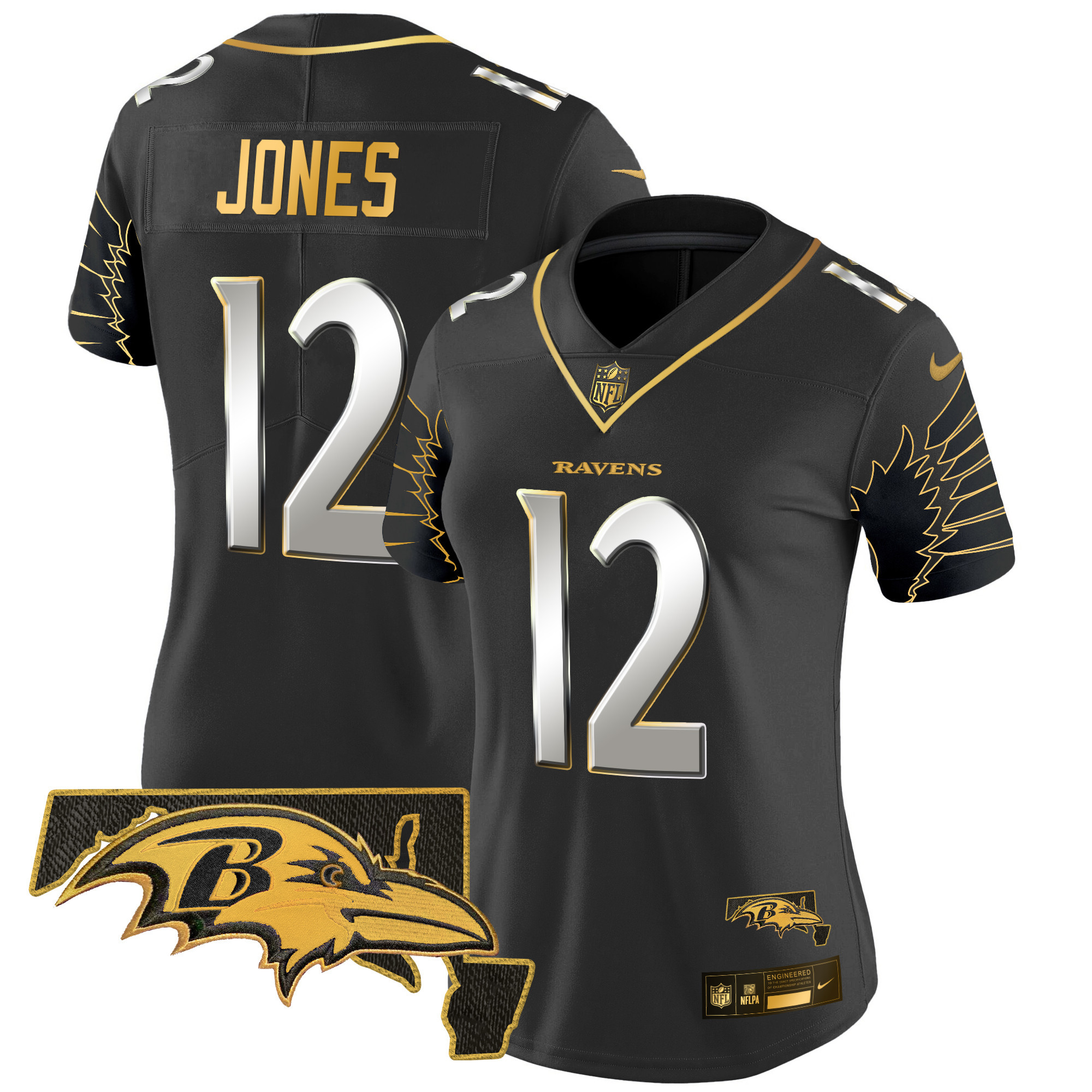 Jacoby Jones Women's Baltimore Ravens Maryland Patch Gold Vapor Limited Black Limited Jersey V2 - All Stitched