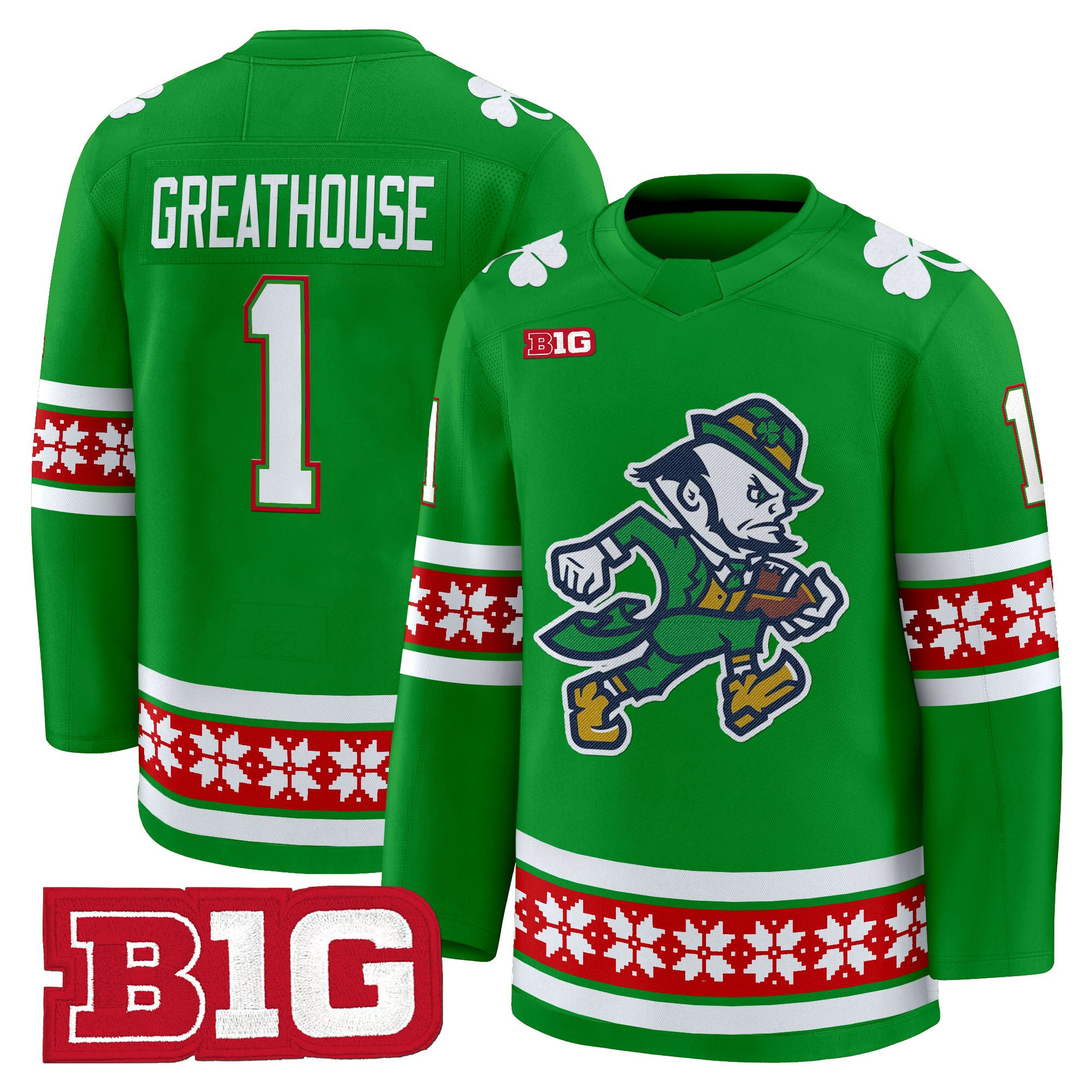 Jaden Greathouse Men's Notre Dame Fighting Irish Football 2025 Christmas Edition Premium Green Jersey - Hockey Style - Stitched