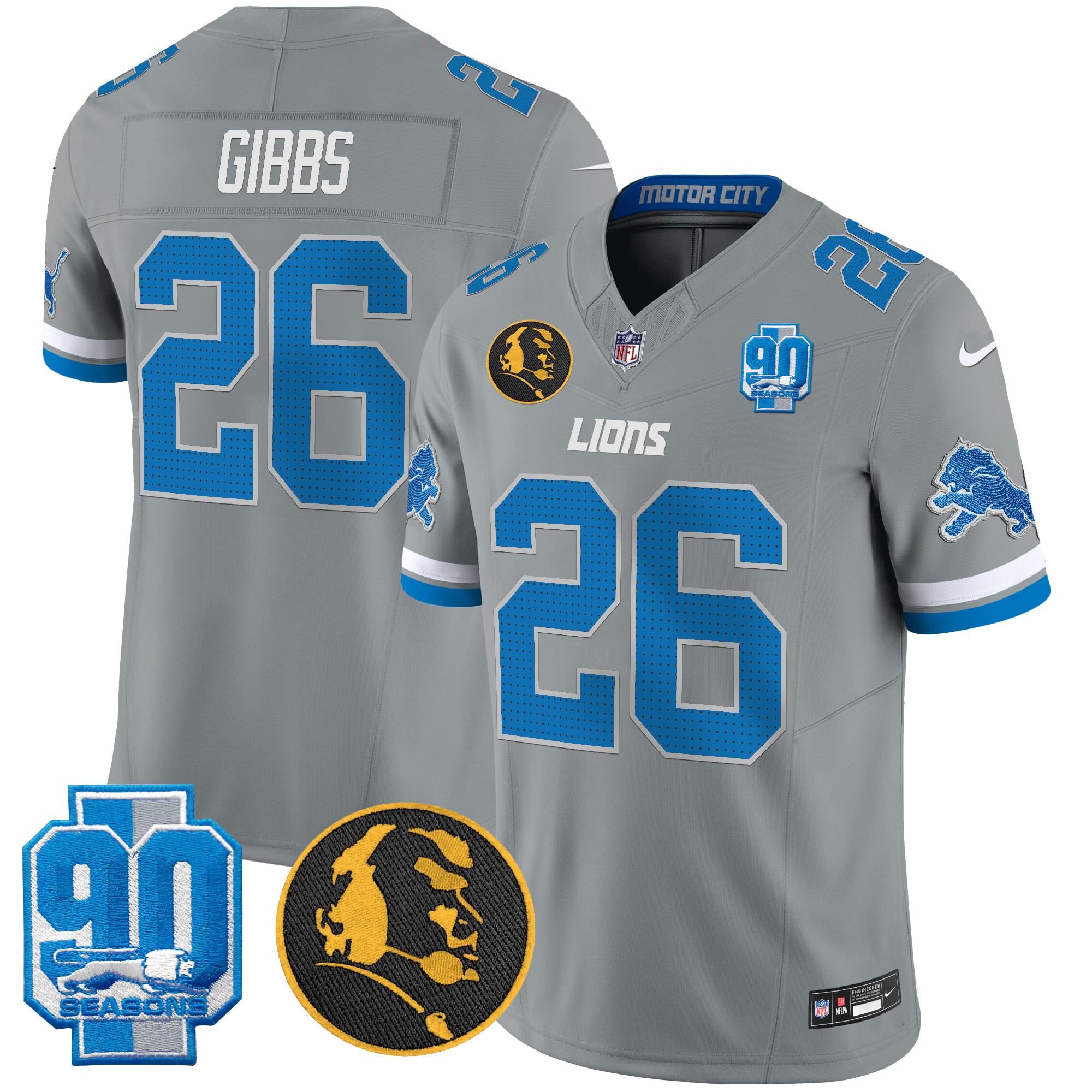 Jahmyr Gibbs Men's Detroit Lions 2024 90th & John Madden Patch Vapor Limited Gray Jersey V2 - All Stitched