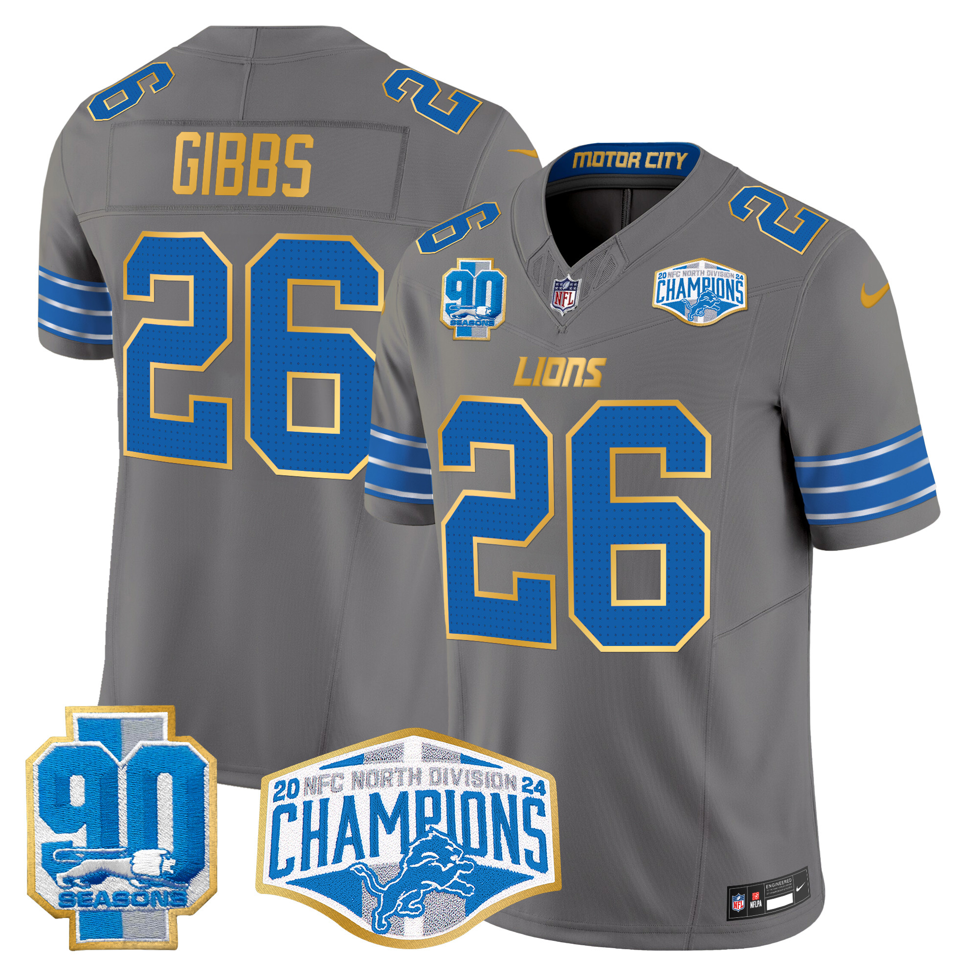 Jahmyr Gibbs Men's Detroit Lions 2024 NFC North Division Champions Patch Gold Trim Vapor Limited Gray Jersey - All Stitched