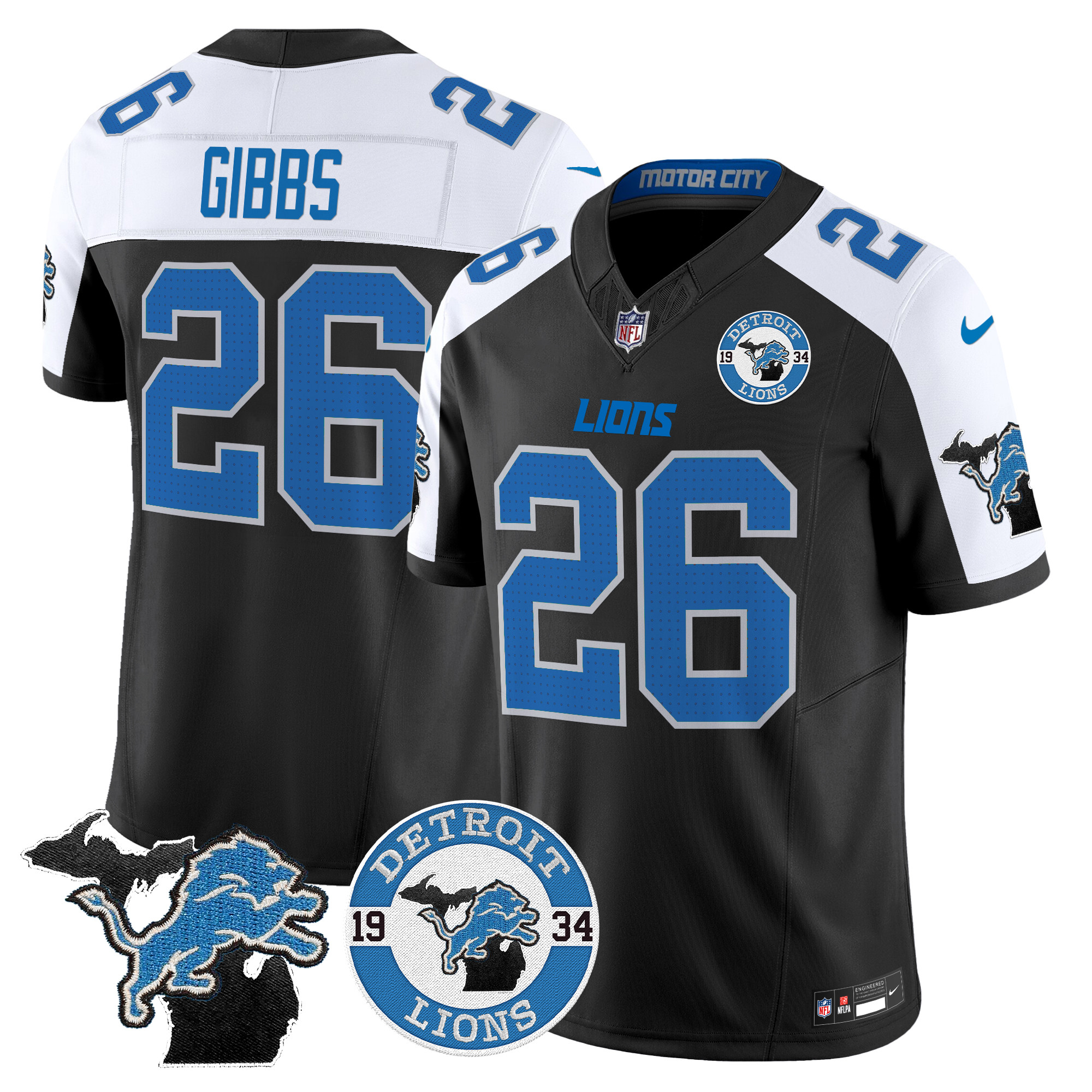Jahmyr Gibbs Men's Detroit Lions 2024 Vapor Limited Alternate Jersey - Est. 1934 Patch - All Stitched