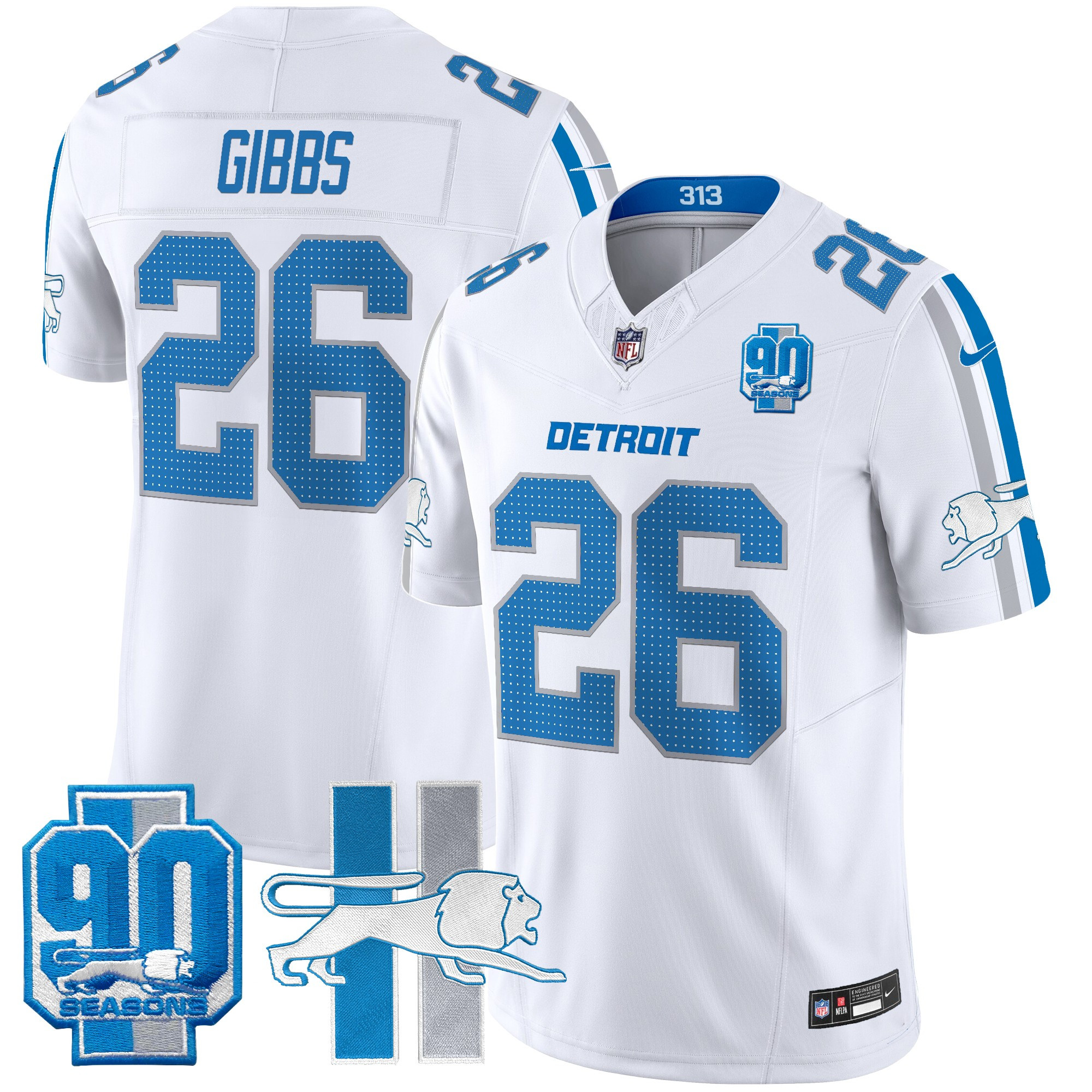 Jahmyr Gibbs Men's Detroit Lions Throwback 90th Year Patch Vapor Limited White Jersey - All Stitched