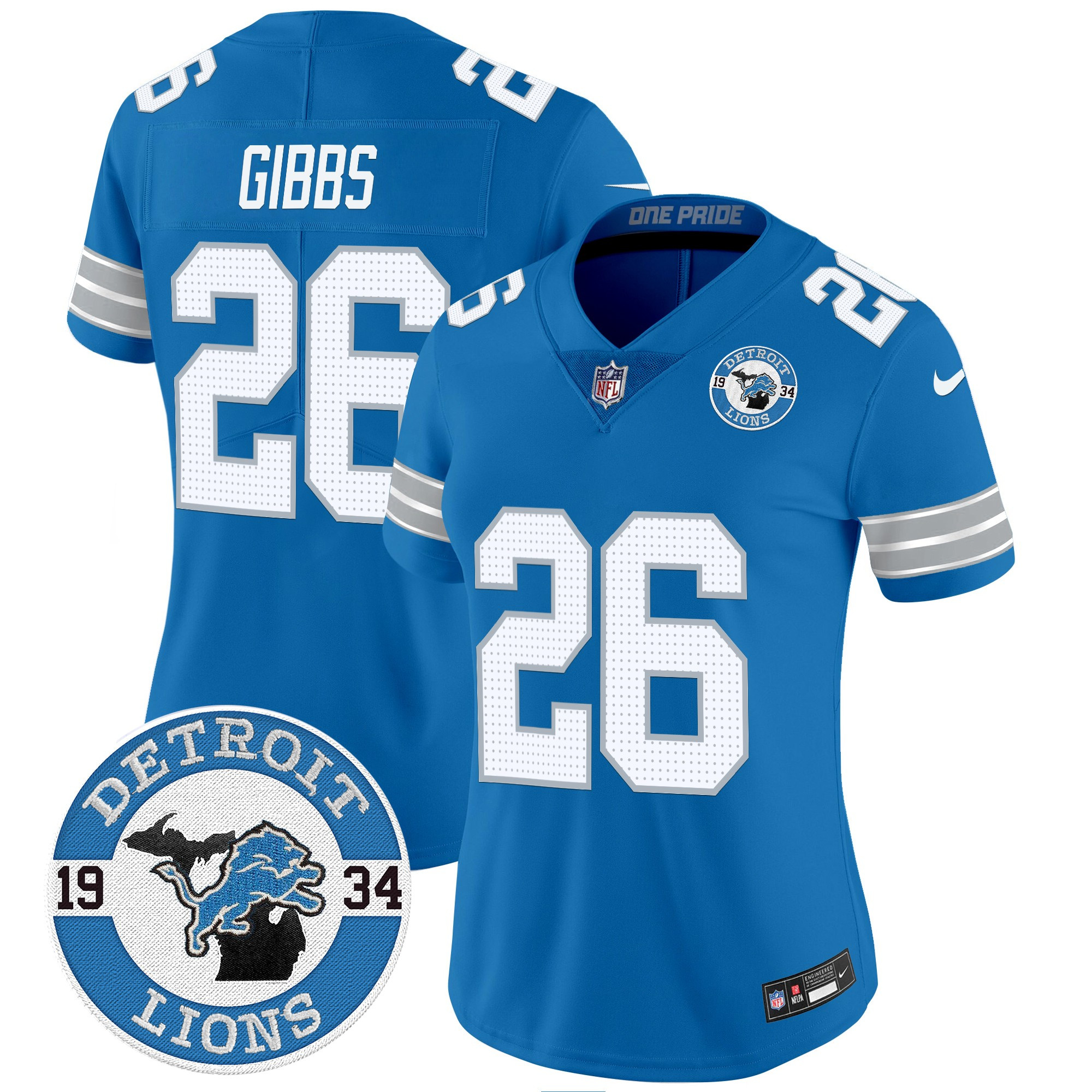 Jahmyr Gibbs Women's Detroit Lions 2024 Vapor Limited Blue Jersey - Est. 1934 Patch - All Stitched