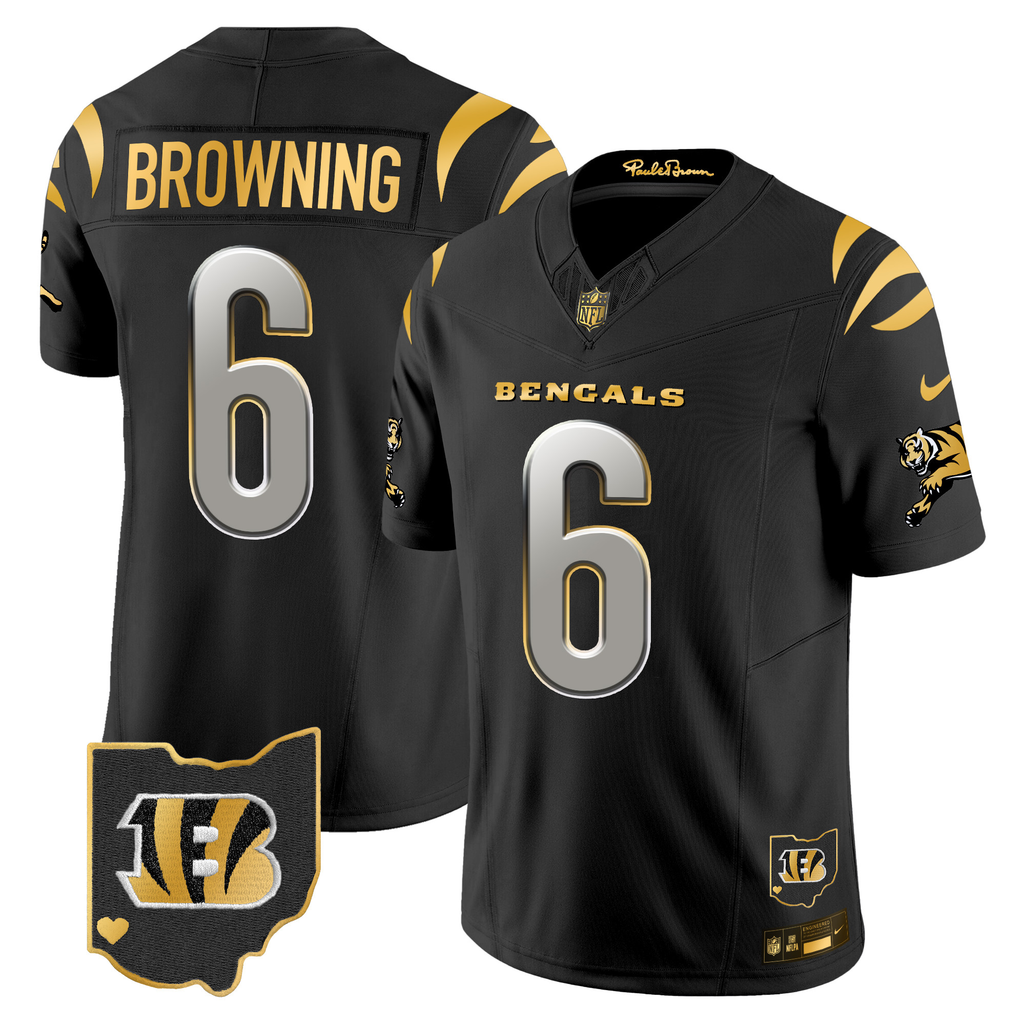 Jake Browning Men's Cincinnati Bengals 2024 Gold Vapor Limited Black Limited Jersey - All Stitched