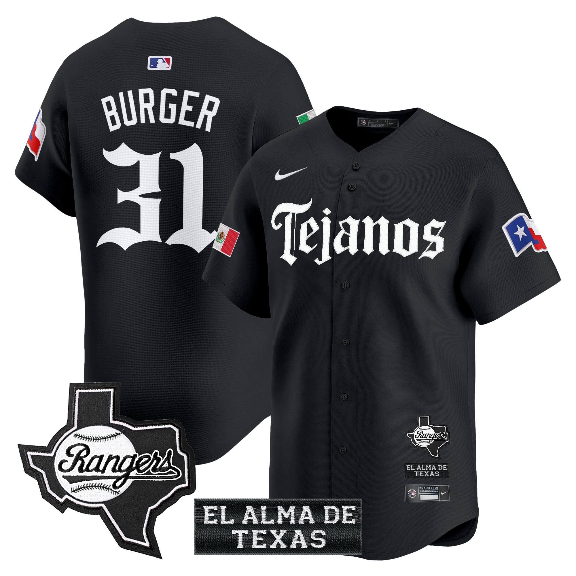 Jake Burger Men's Texas Rangers Mexico Tejano Barrio Style Vapor Premier Limited Black Jersey - All Stitched