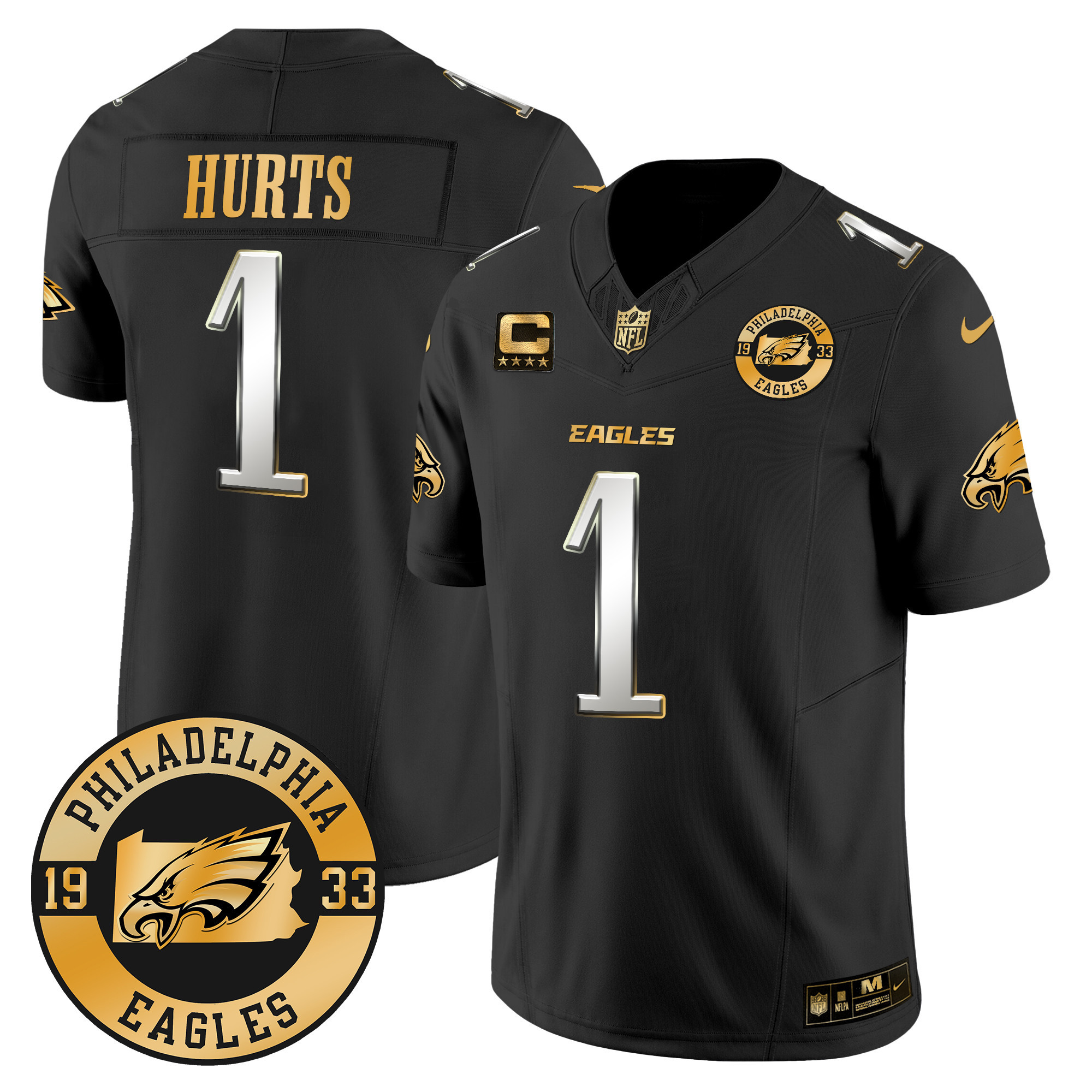 Jalen Hurts Men's Philadelphia Eagles 2024 Gold Vapor Limited Black Limited Jersey - Est. 1933 Patch - All Stitched