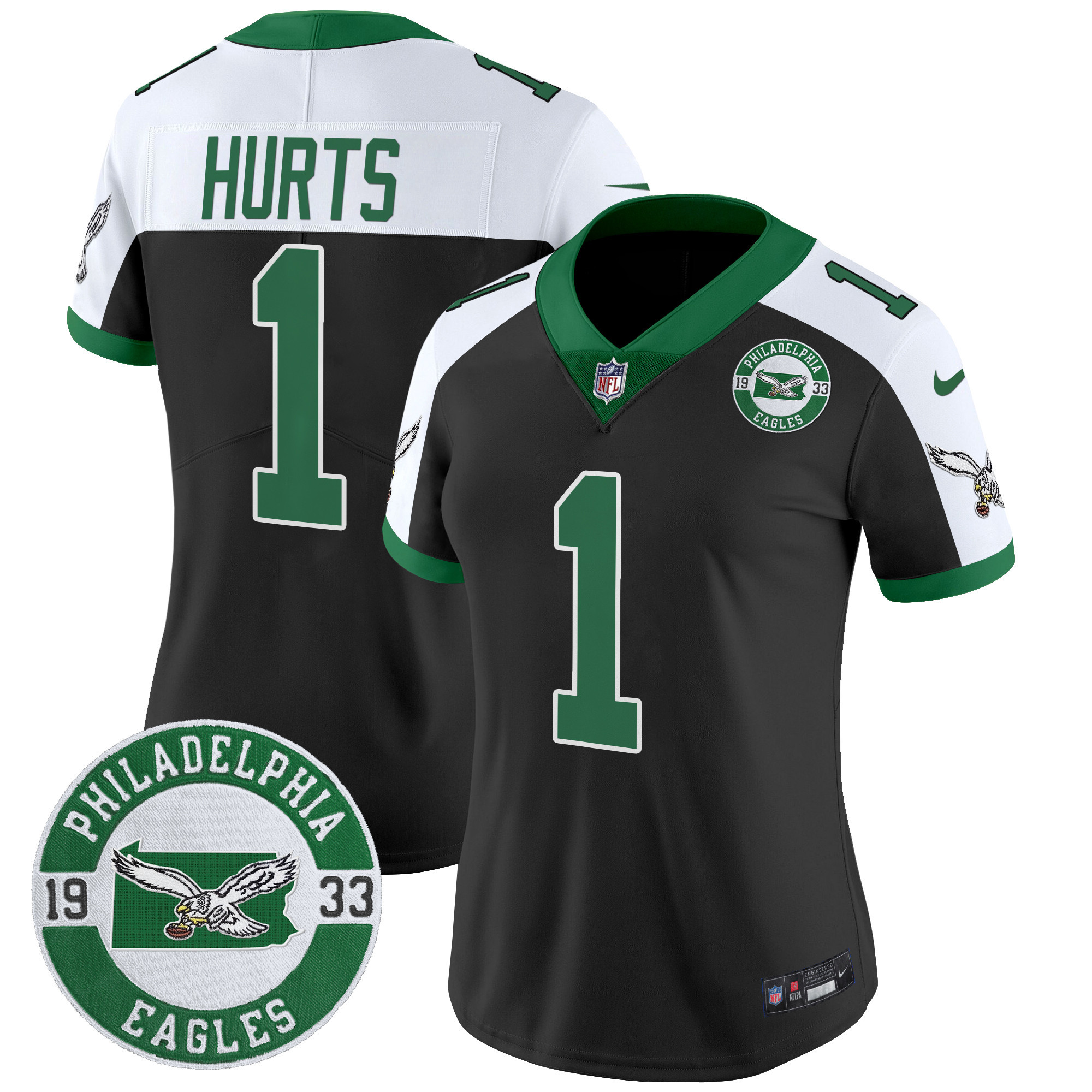 Jalen Hurts Women's Philadelphia Eagles 2024 Throwback Vapor Limited Black Alternate Jersey - Est. 1933 Patch - All Stitched