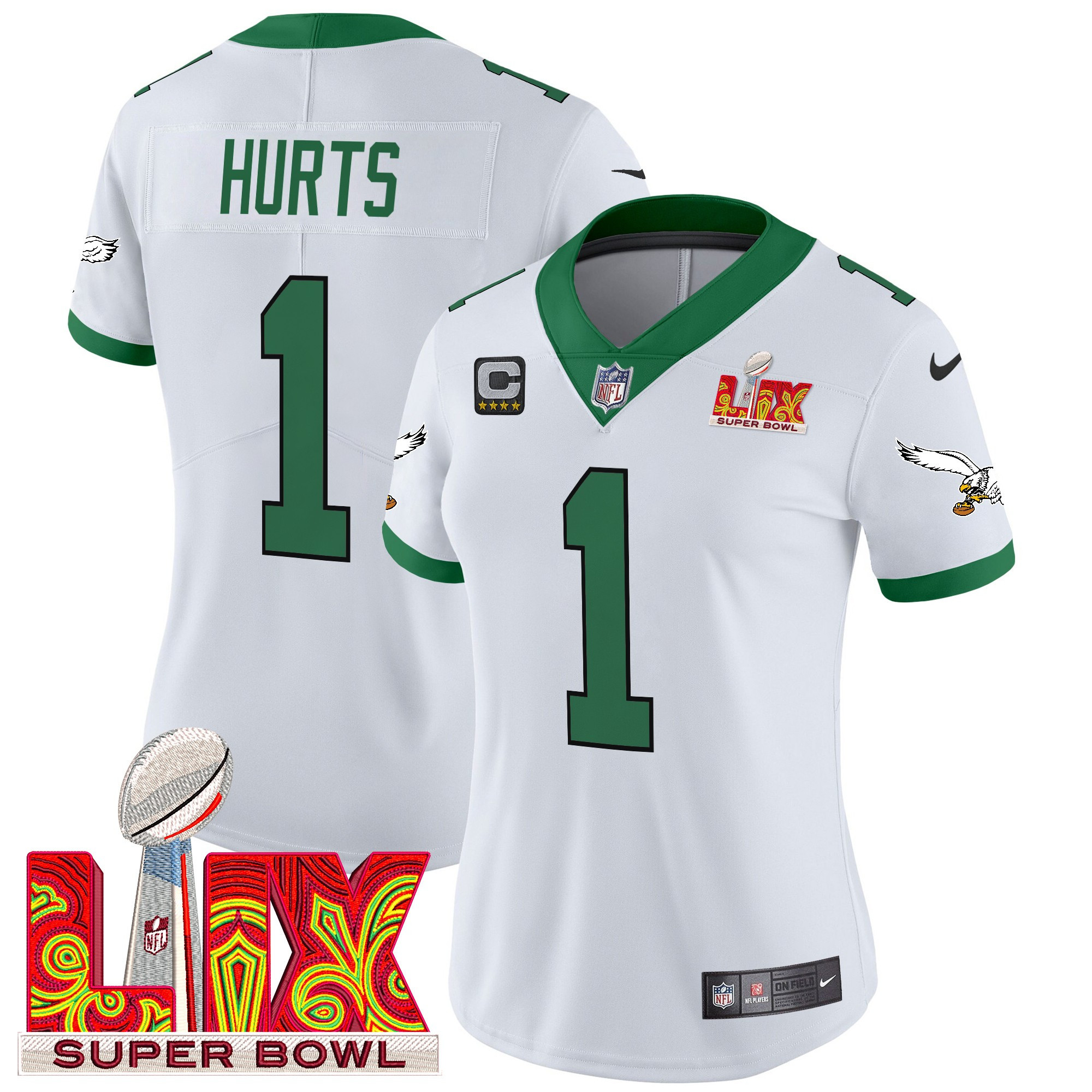Jalen Hurts Women's Philadelphia Eagles Kelly Green Super Bowl LIX Patch Vapor Limited Kelly White Jersey - All Stitched