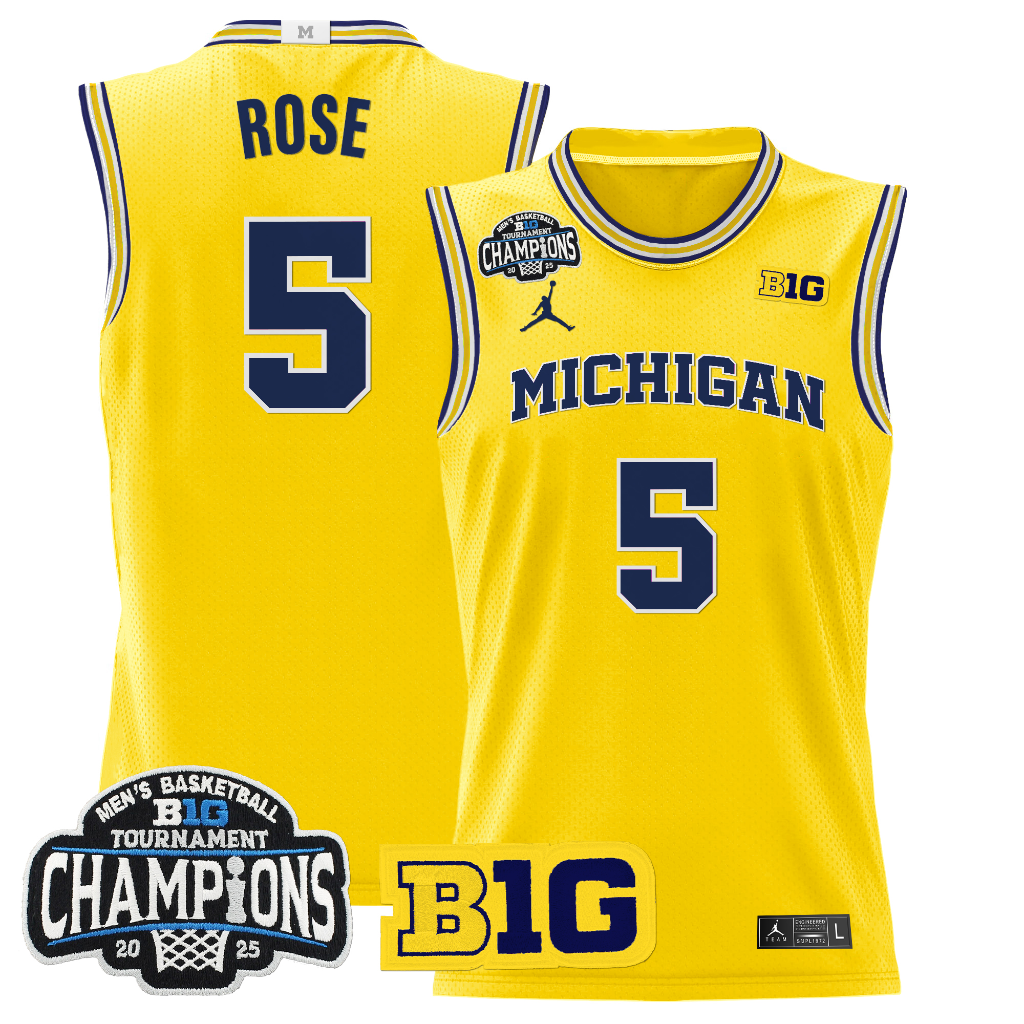 Jalen Rose Men's Michigan Wolverines 2025 Big Ten Conference Tournament Champions Basketball Maize Jersey - All Stitched