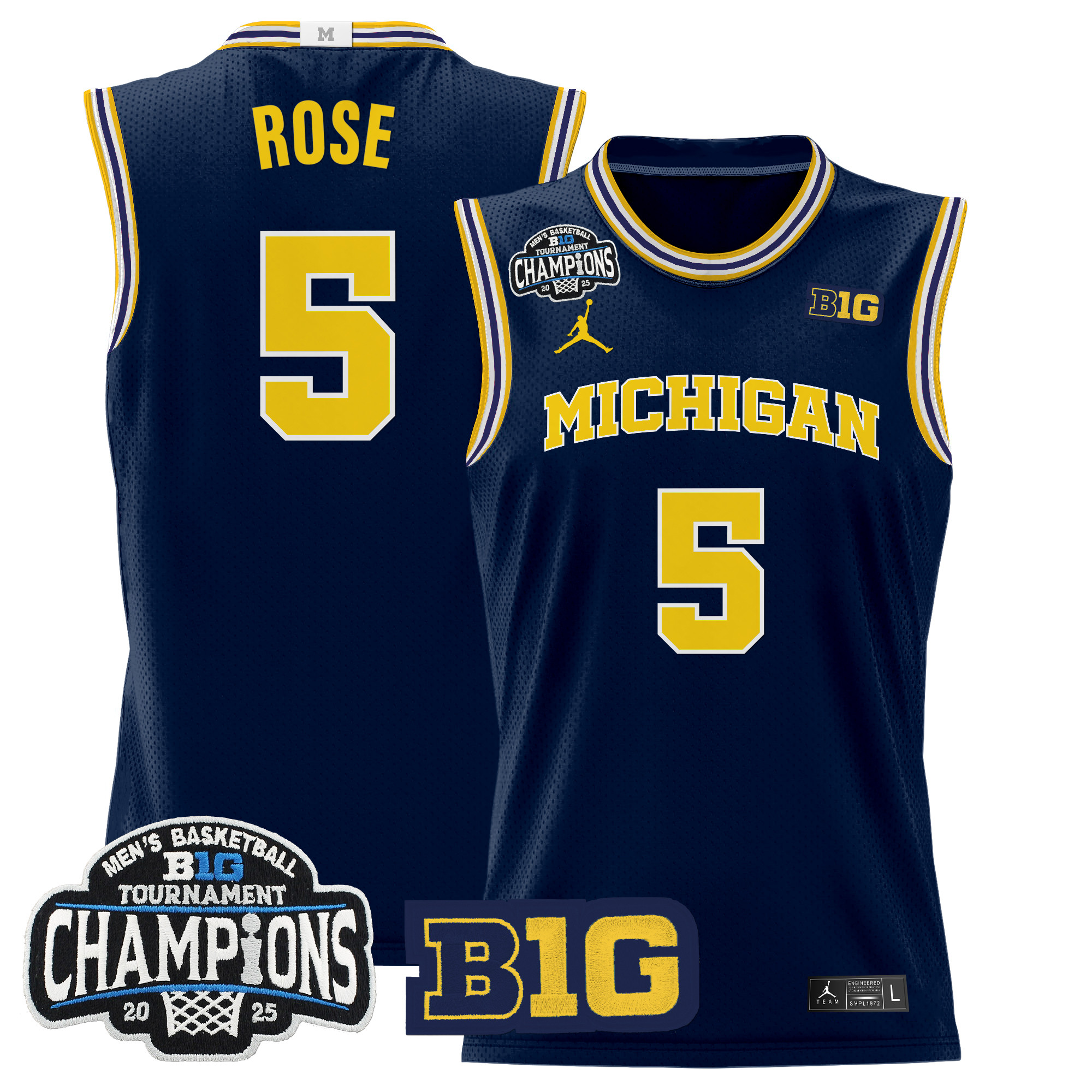 Jalen Rose Men's Michigan Wolverines 2025 Big Ten Conference Tournament Champions Basketball Navy Jersey - All Stitched