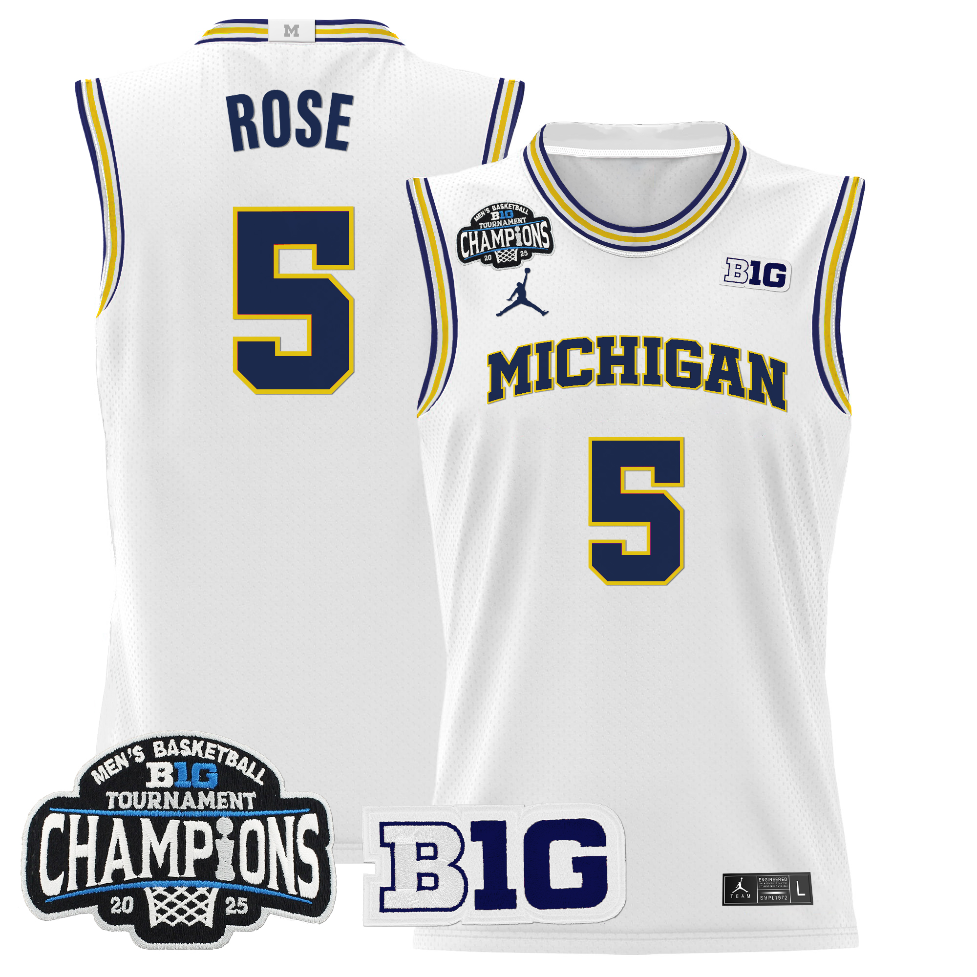 Jalen Rose Men's Michigan Wolverines 2025 Big Ten Conference Tournament Champions Basketball White Jersey - All Stitched