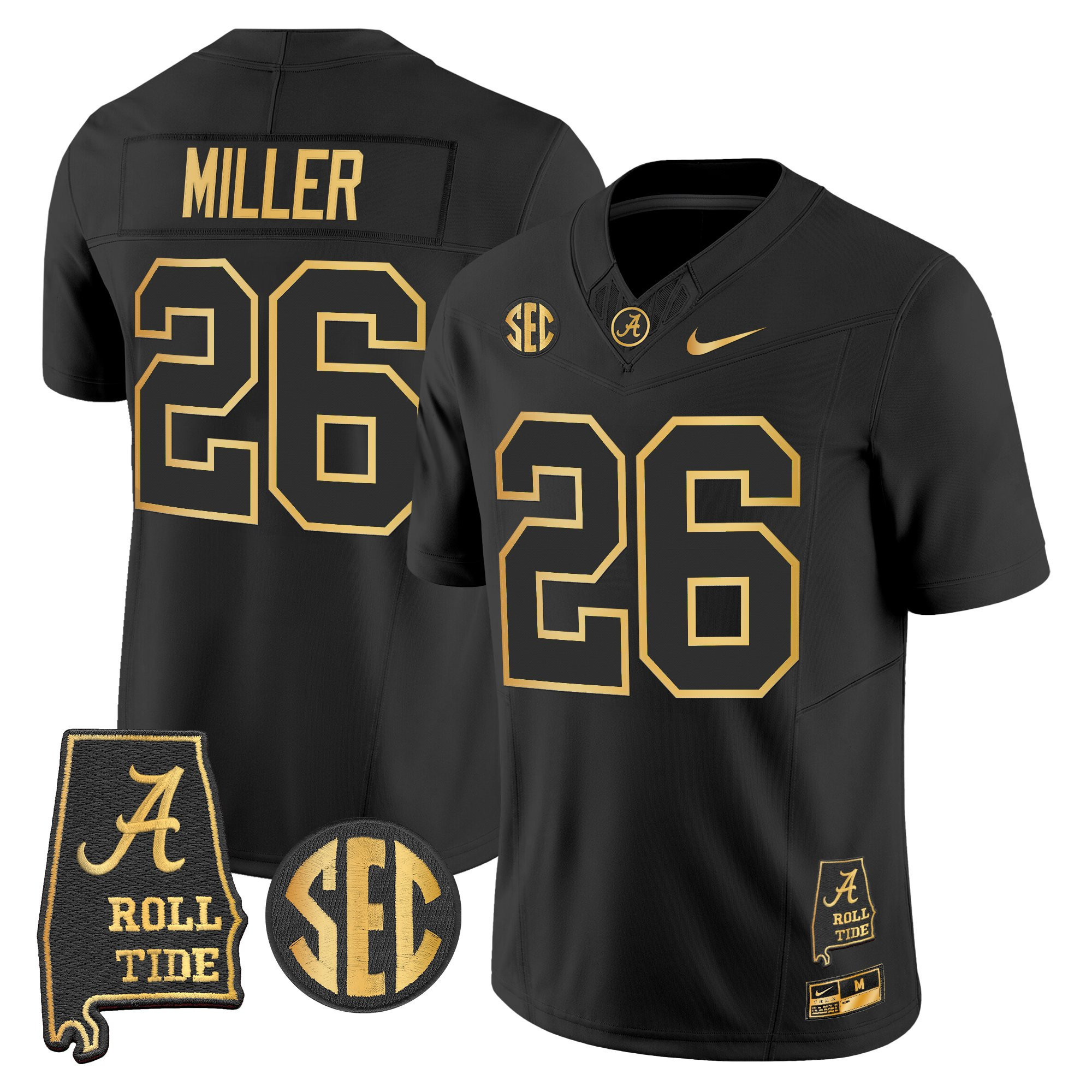 Jam Miller Men's Alabama Crimson Tide 2025 Gold Vapor Limited Black Gold Jersey - Alabama Map - All Stitched