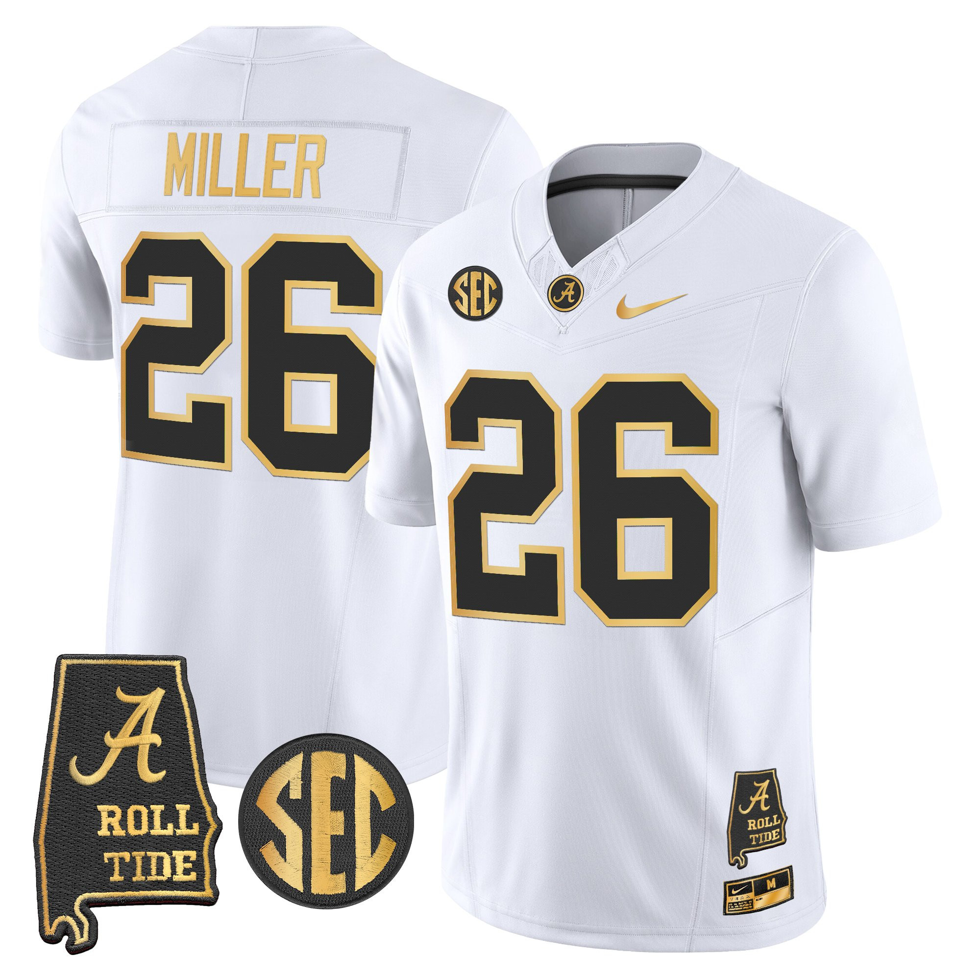 Jam Miller Men's Alabama Crimson Tide 2025 Gold Vapor Limited White Gold Jersey - Alabama Map - All Stitched