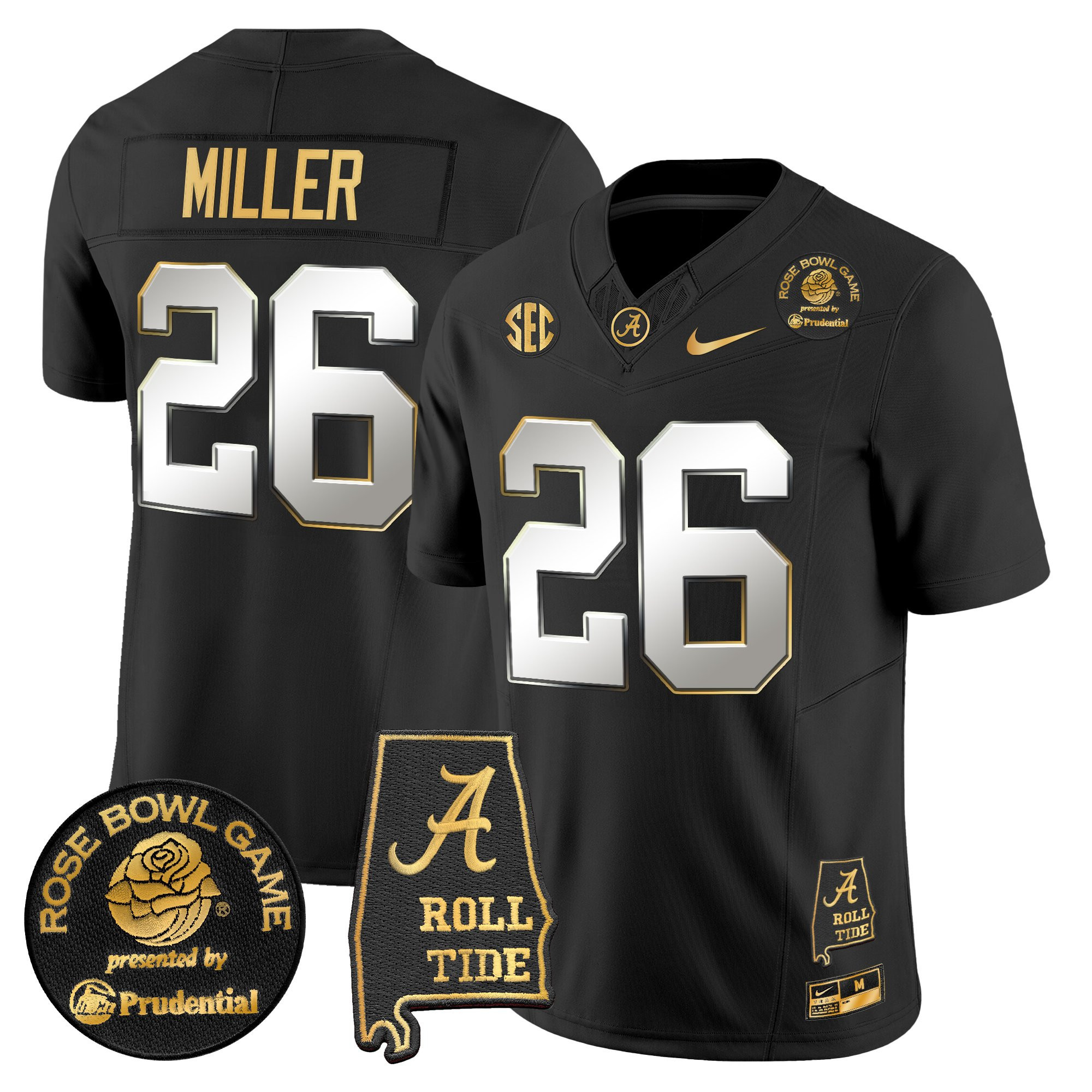 Jam Miller Men's Alabama Crimson Tide 2025 Rose Bowl Gold Vapor Limited Black Limited Jersey - Alabama Map - All Stitched