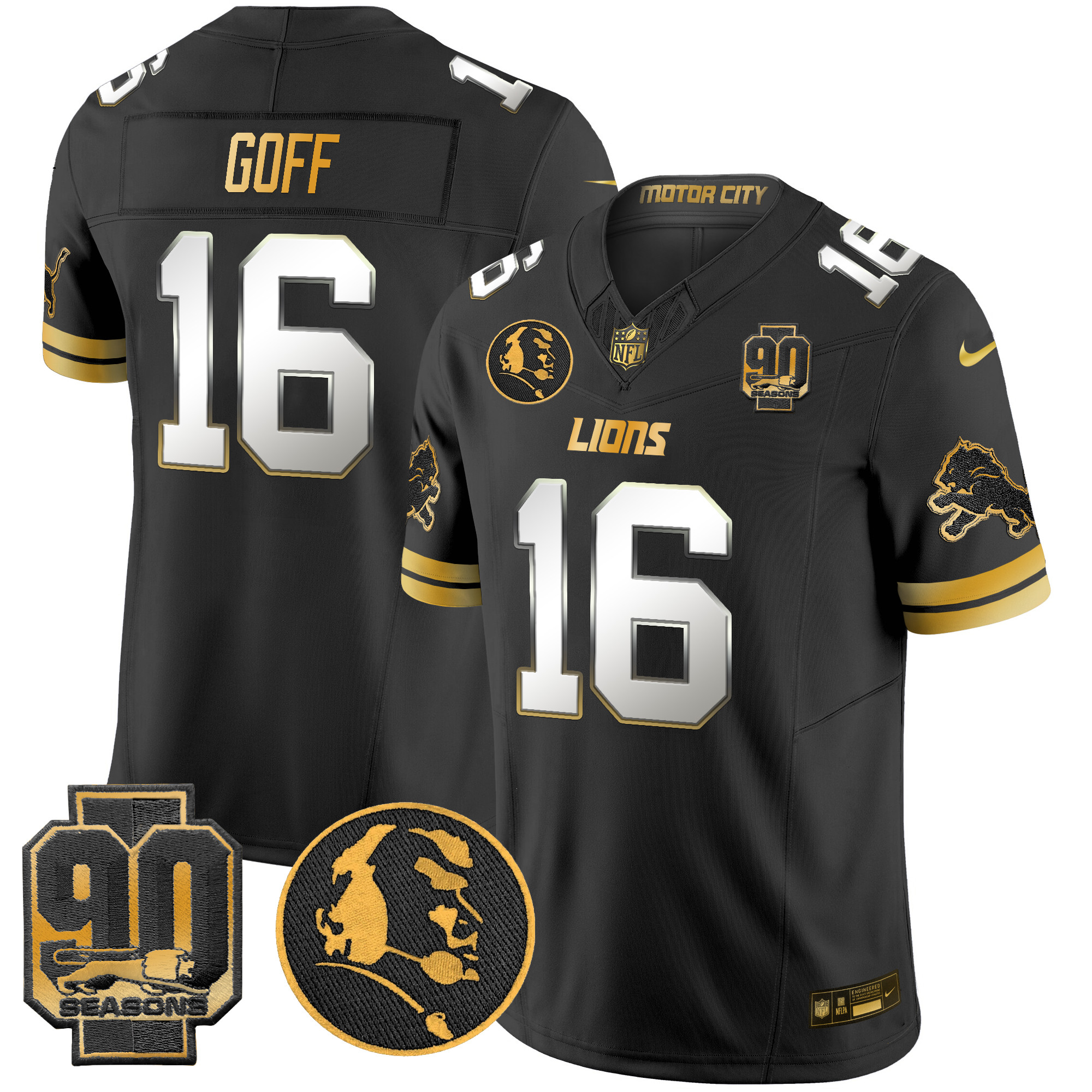 Jared Goff Men's Detroit Lions 2024 90th & John Madden Patch Gold Vapor Limited Black Limited Jersey V2 - All Stitched