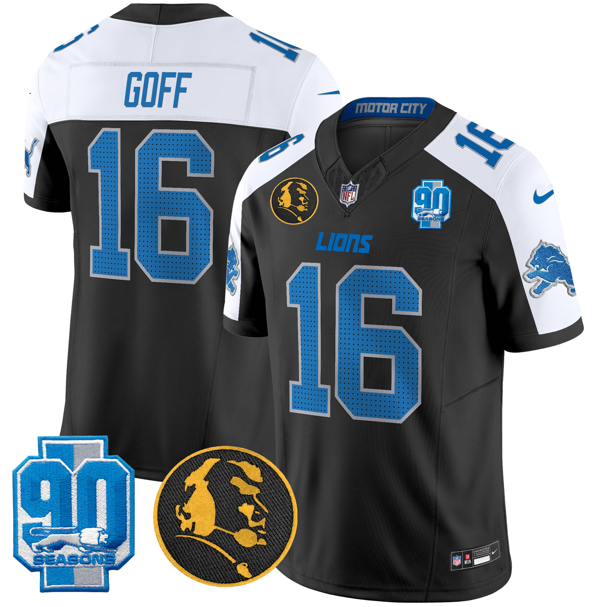 Jared Goff Men's Detroit Lions 2024 90th & John Madden Patch Vapor Limited Black Alternate Jersey V2 - All Stitched