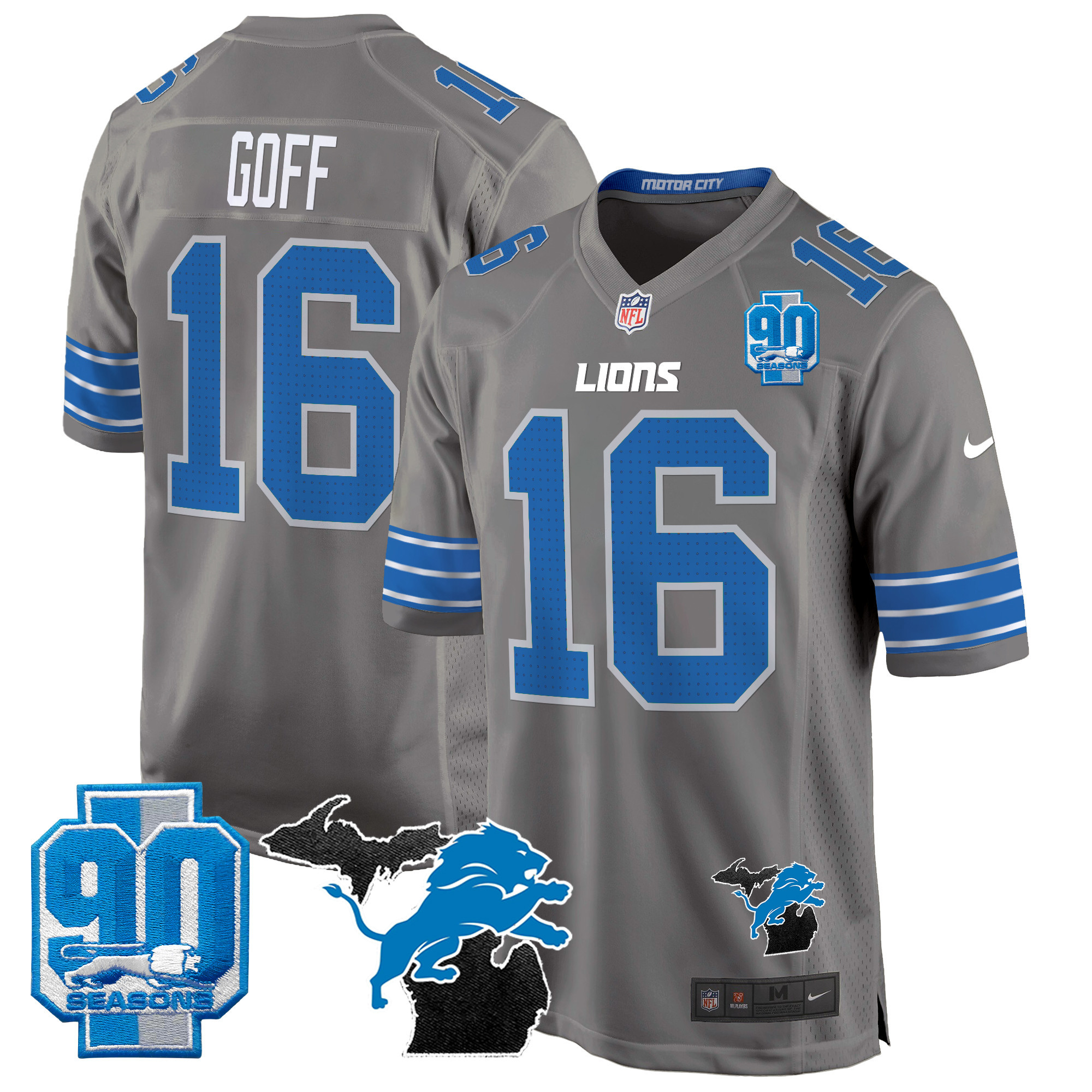 Jared Goff Men's Detroit Lions 2024 Michigan & 90th Year Patch Game Gray Jersey - All Stitched