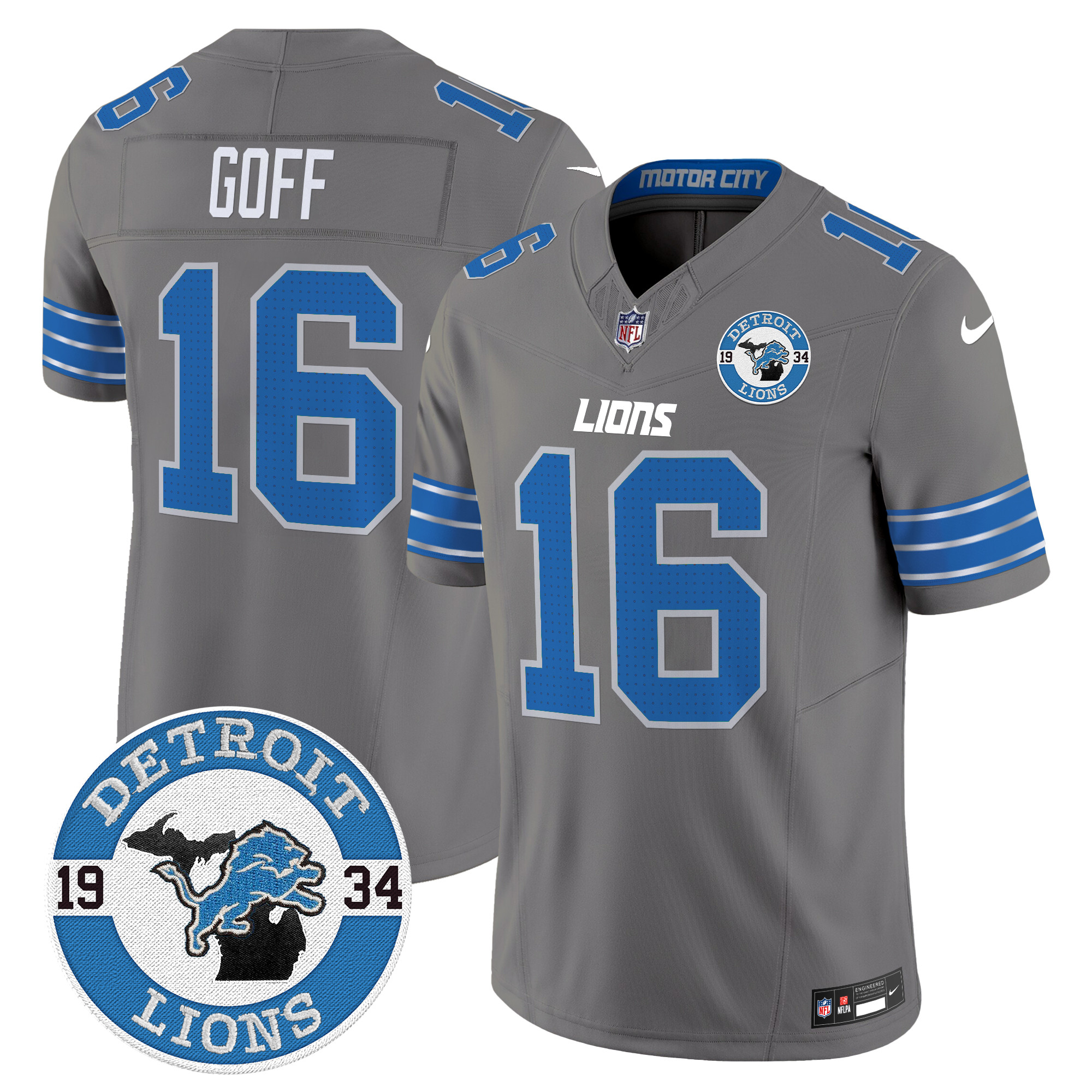 Jared Goff Men's Detroit Lions 2024 Vapor Limited Gray Jersey - Est. 1934 Patch - All Stitched