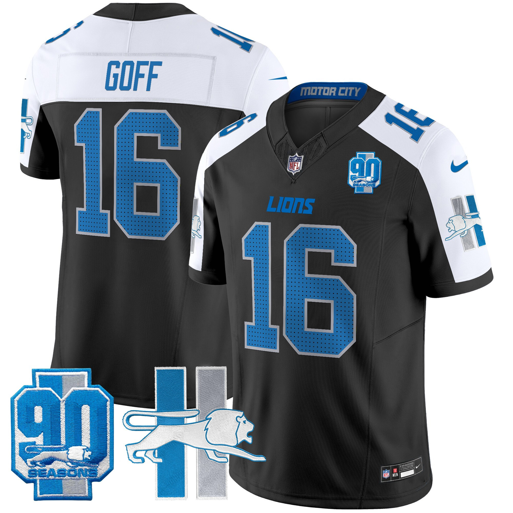 Jared Goff Men's Detroit Lions Throwback 90th Year Patch Vapor Limited Black Alternate Jersey - All Stitched