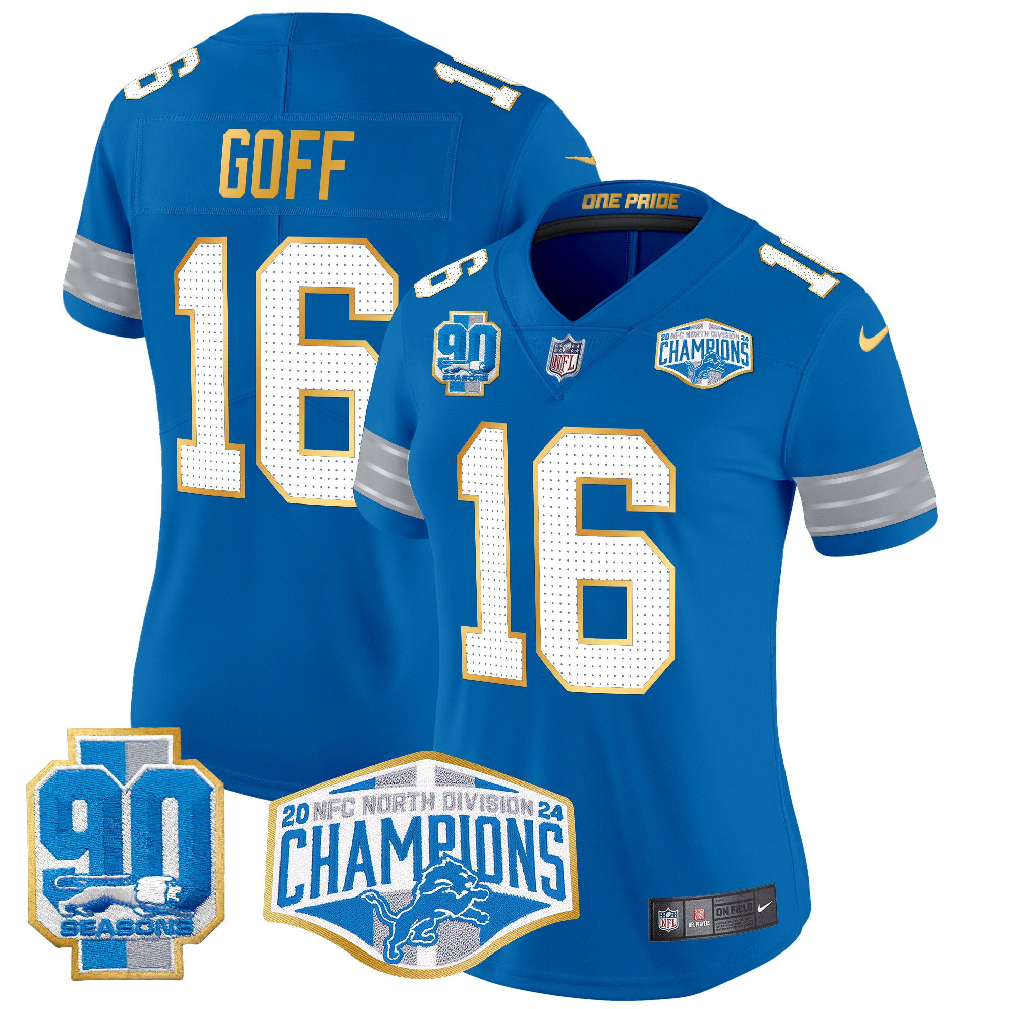 Jared Goff Women's Detroit Lions 2024 NFC North Division Champions Patch Gold Trim Vapor Limited Blue Jersey - All Stitched