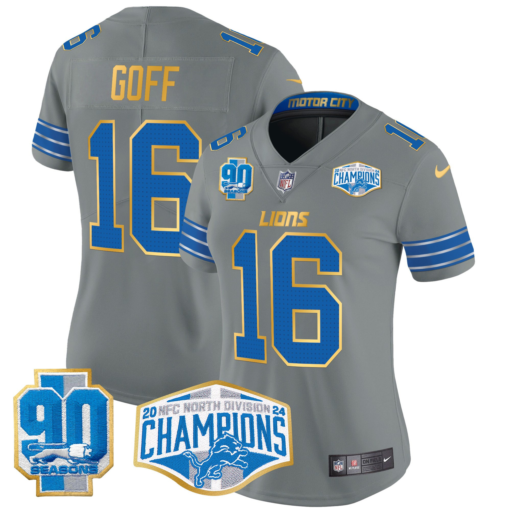 Jared Goff Women's Detroit Lions 2024 NFC North Division Champions Patch Gold Trim Vapor Limited Gray Jersey - All Stitched