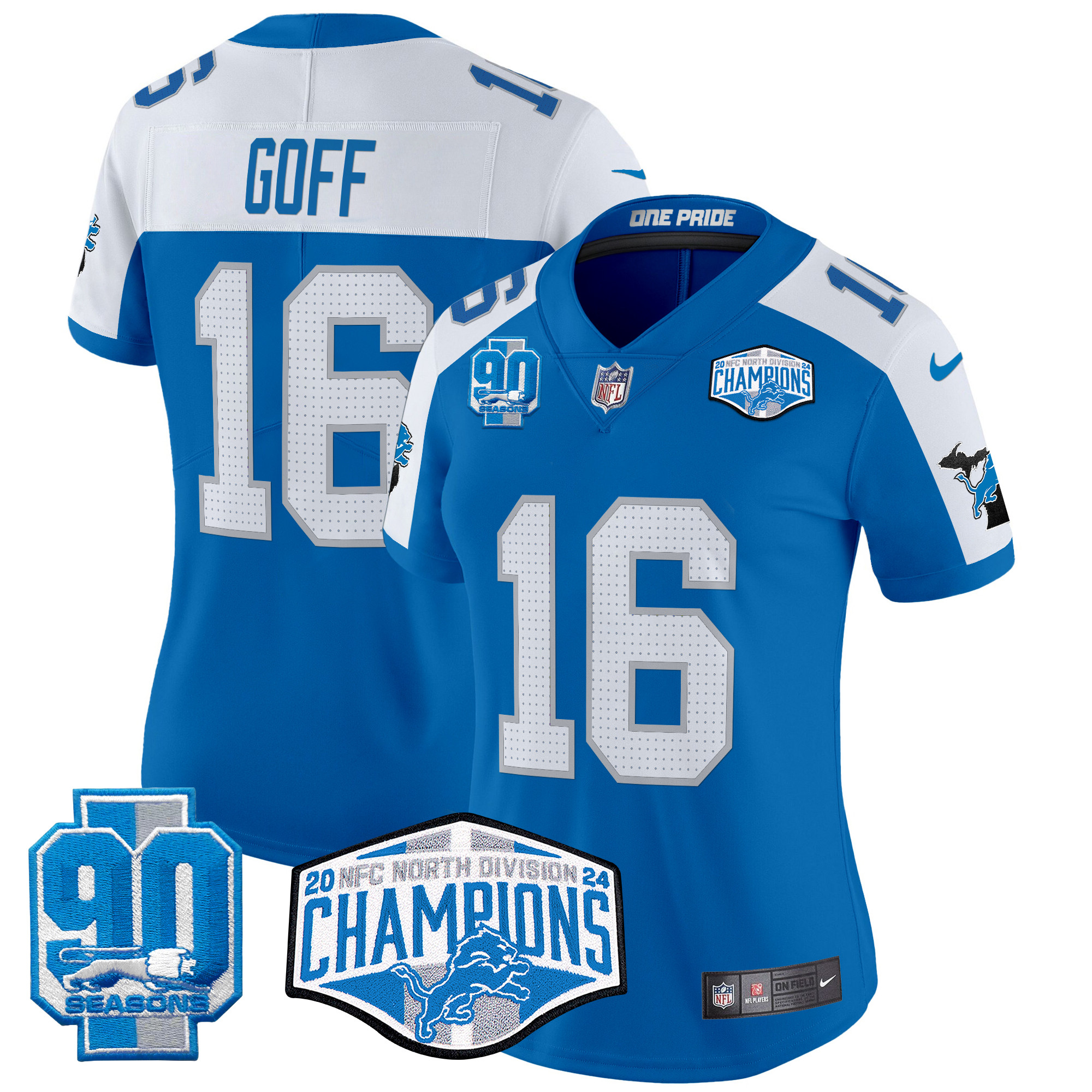 Jared Goff Women's Detroit Lions 2024 NFC North Division Champions Patch Vapor Limited Blue Alternate Jersey - All Stitched