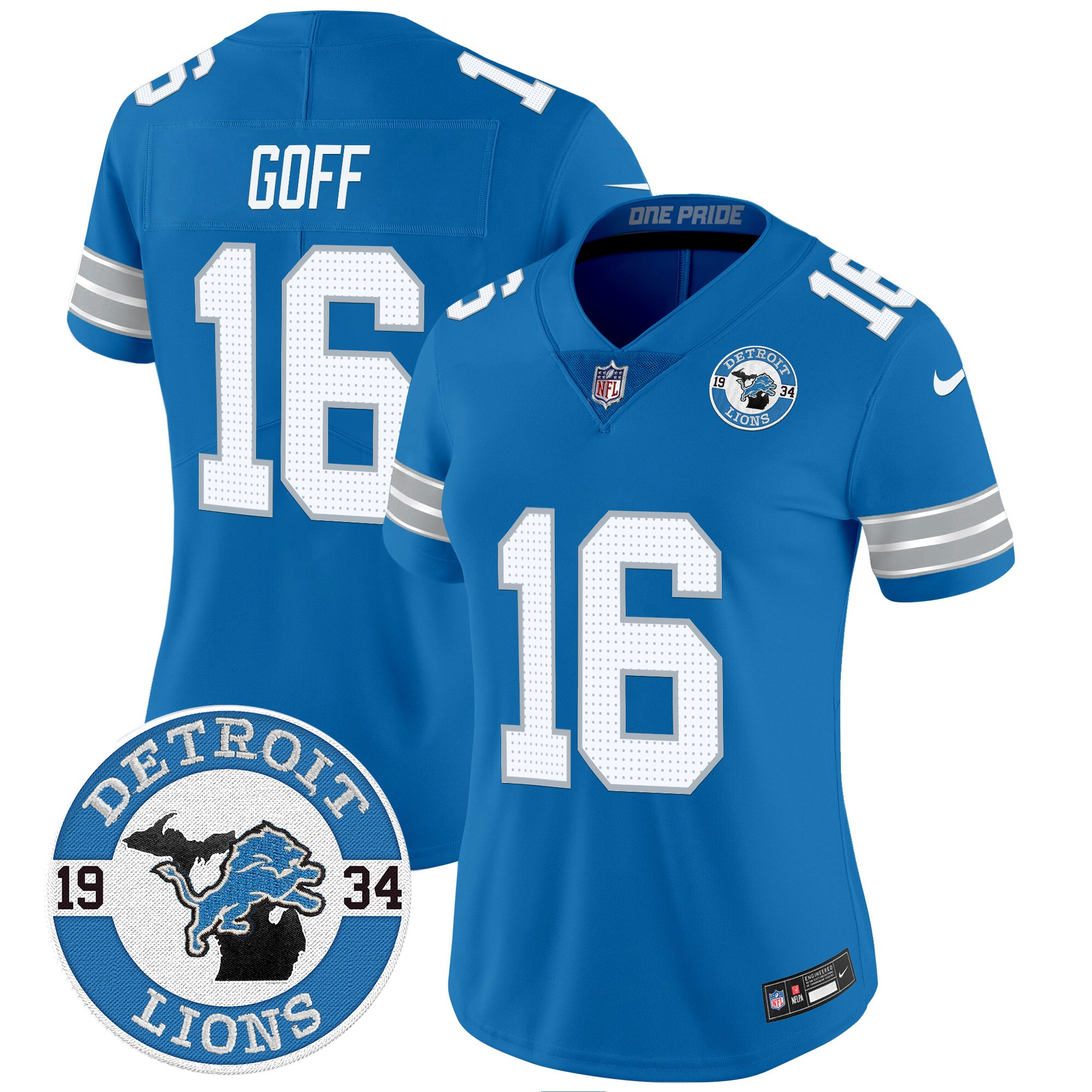 Jared Goff Women's Detroit Lions 2024 Vapor Limited Blue Jersey - Est. 1934 Patch - All Stitched