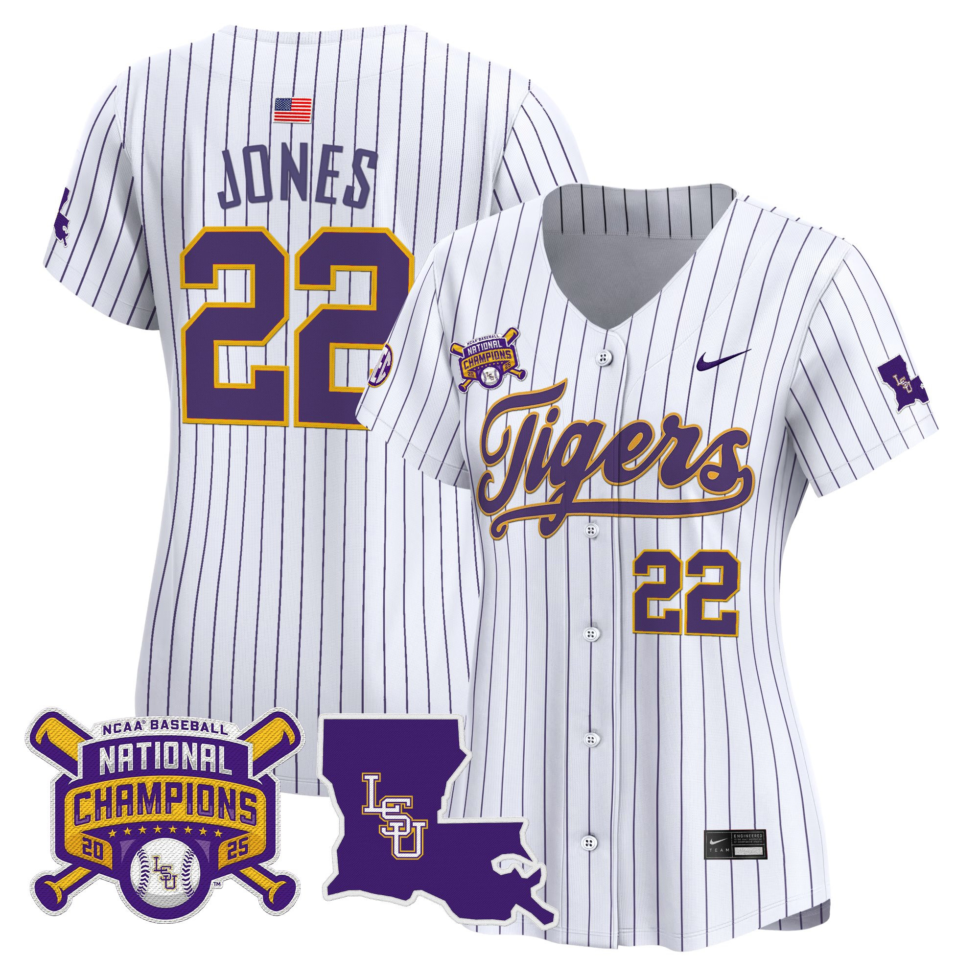 Jared Jones Women's LSU Tigers 2025 College World Series Champions Vapor Premier Limited Pinstripe Jersey - All Stitched