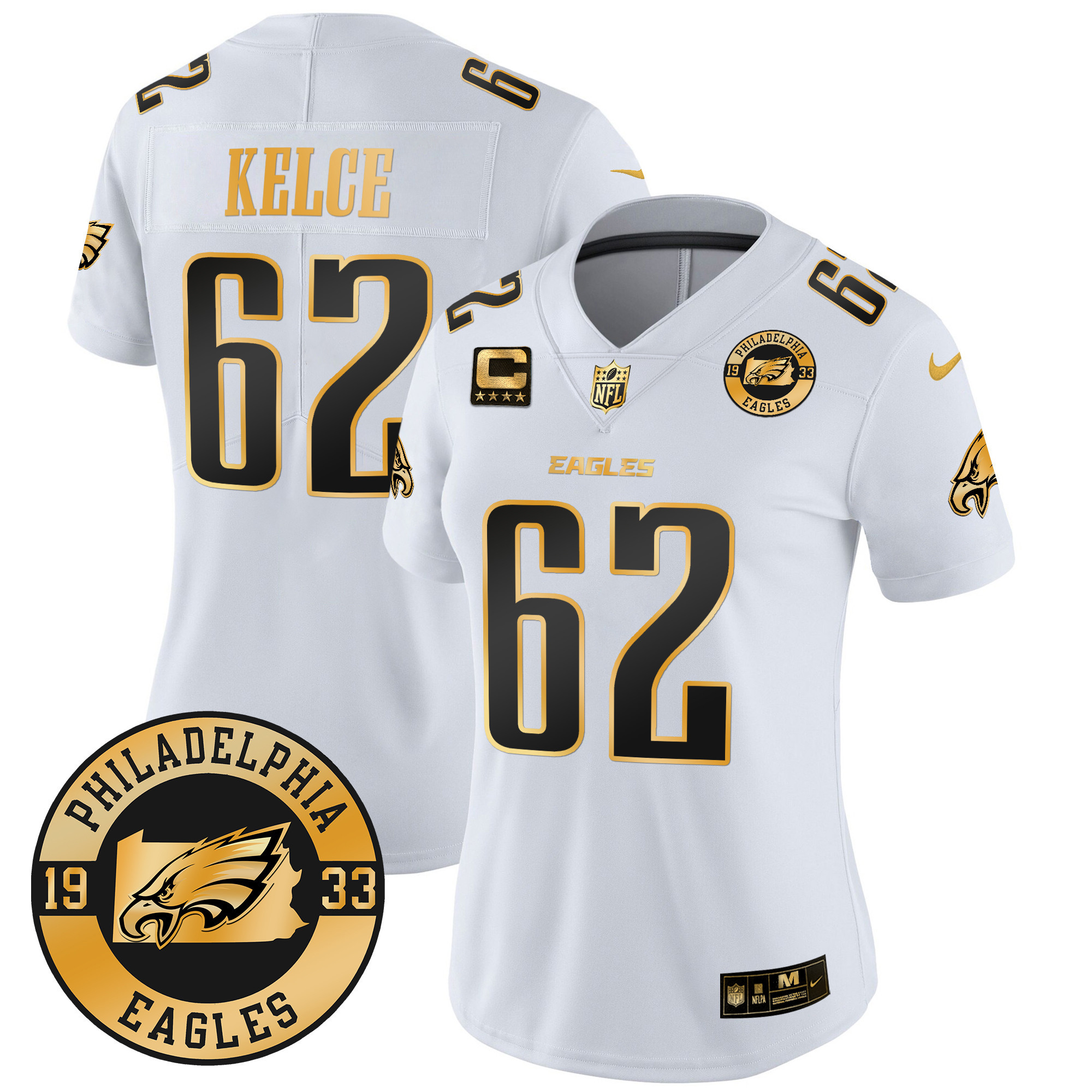 Jason Kelce Women's Philadelphia Eagles 2024 Gold Vapor Limited White Gold Jersey - Est. 1933 Patch - All Stitched