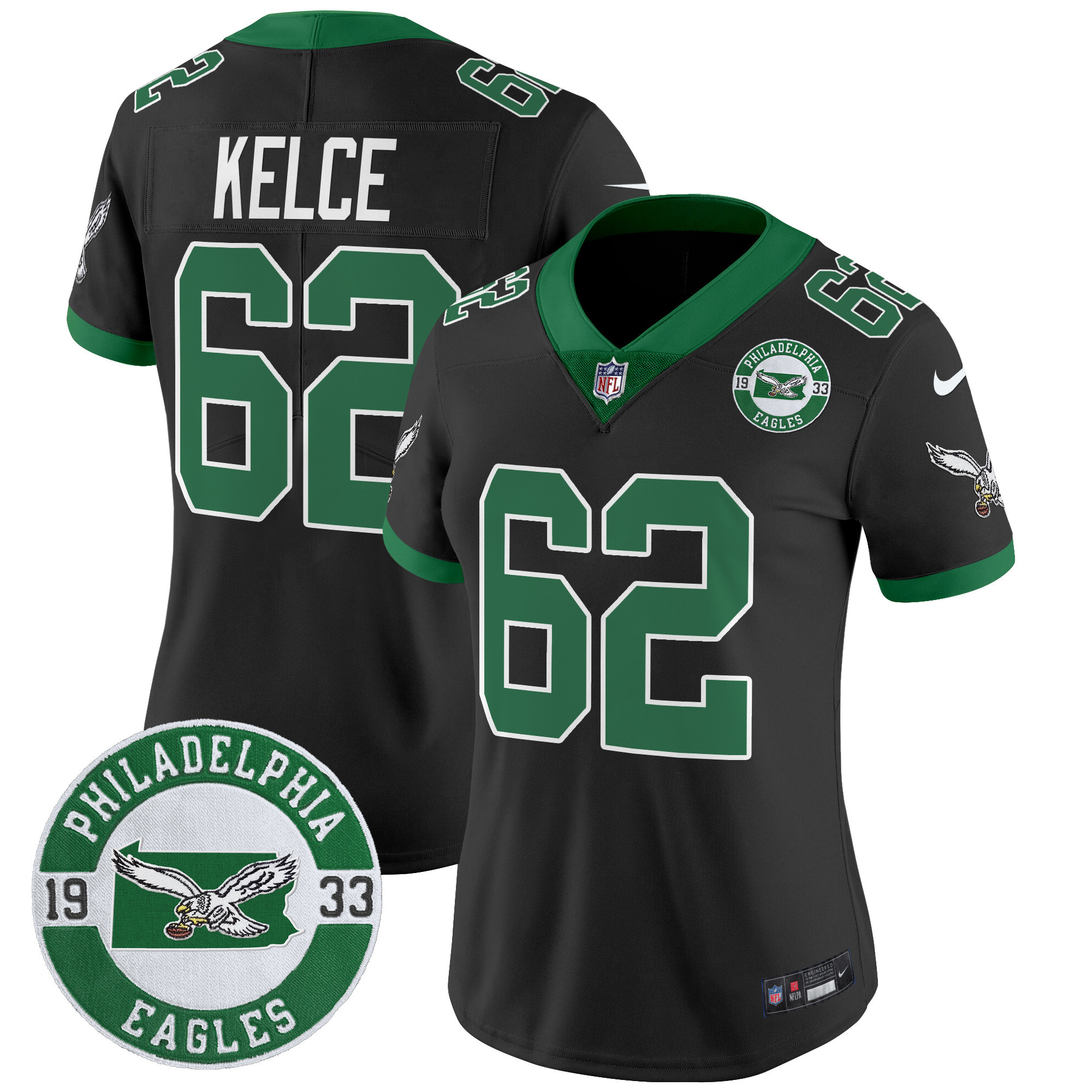 Jason Kelce Women's Philadelphia Eagles 2024 Throwback Vapor Limited Black Jersey - Est. 1933 Patch - All Stitched