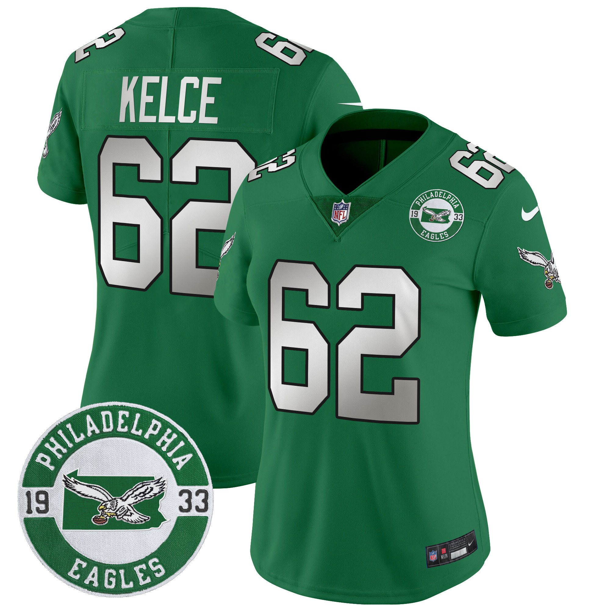 Jason Kelce Women's Philadelphia Eagles 2024 Throwback Vapor Limited Kelly Green Jersey - Est. 1933 Patch - All Stitched