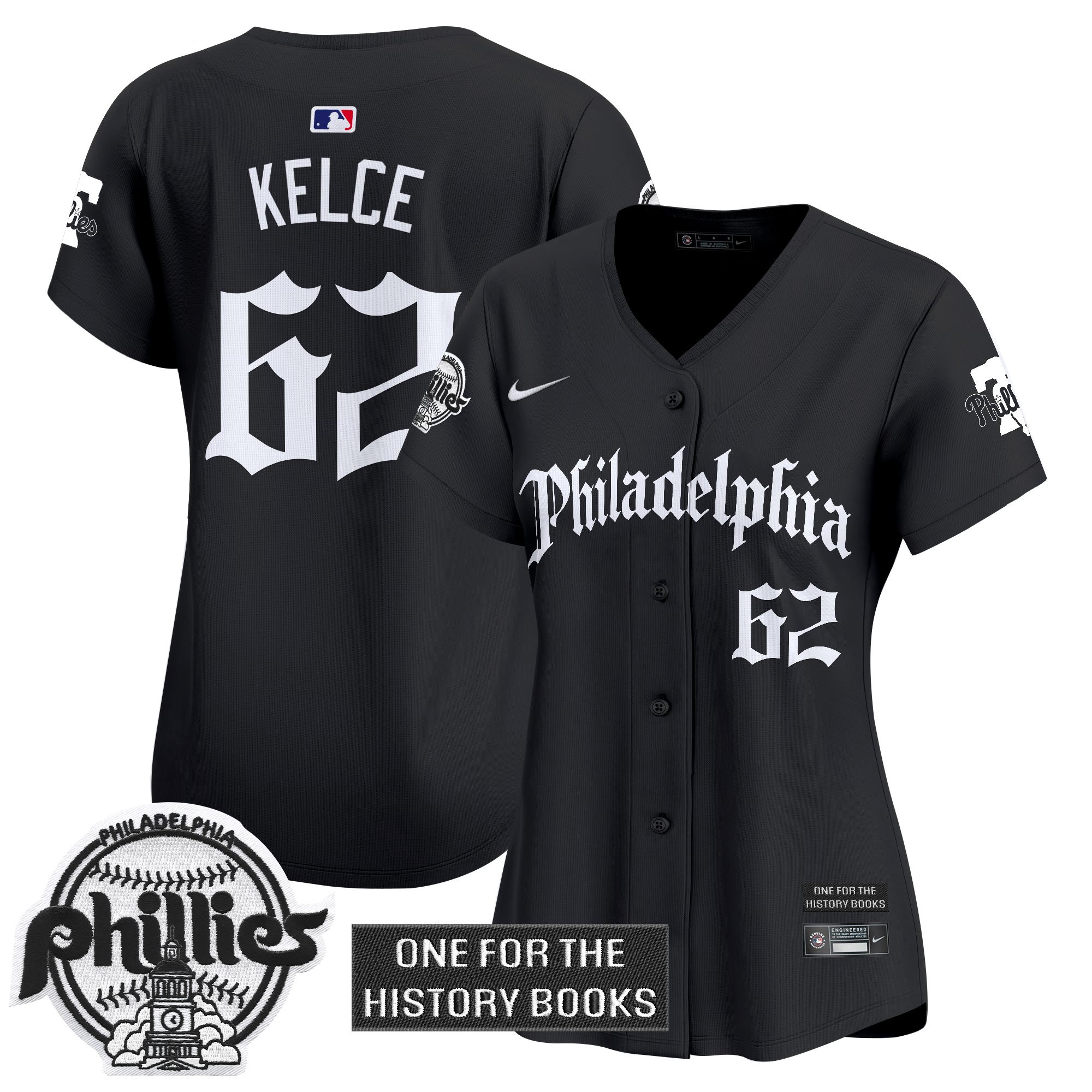 Jason Kelce Women's Philadelphia Phillies Retro Newspaper Edition Vapor Premier Limited Black Jersey - All Stitched