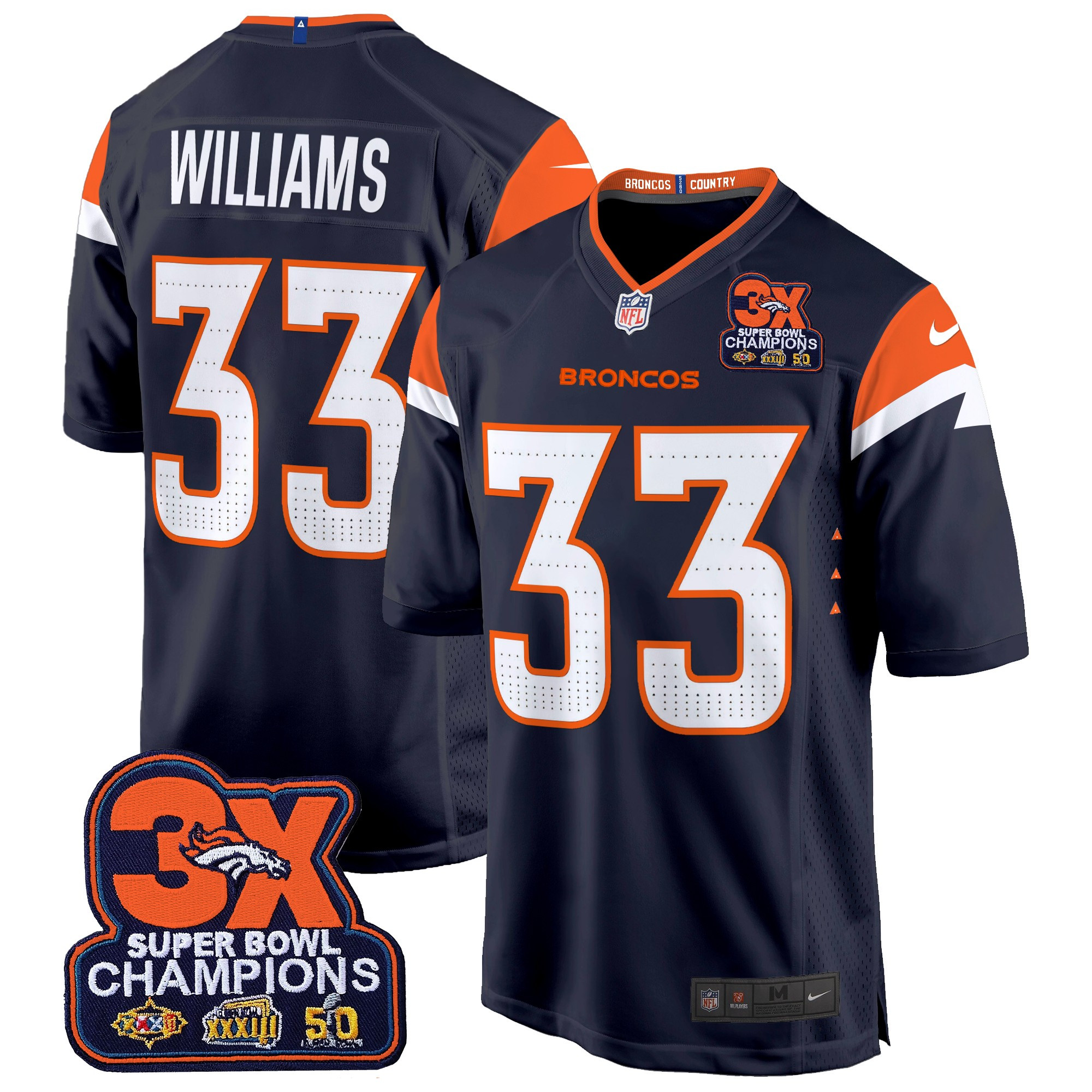 Javonte Williams Men's Denver Broncos 3-Time Champions Patch Game Navy Jersey - Al Stitched
