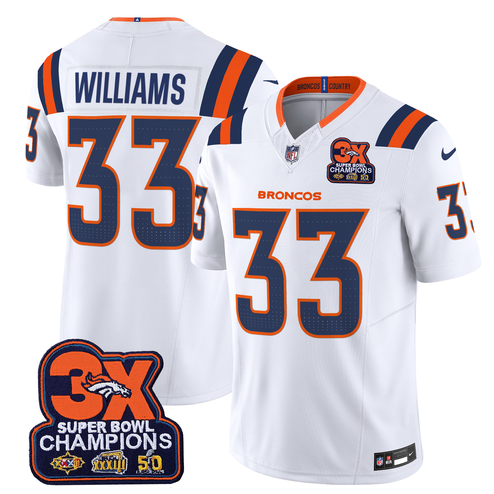 Javonte Williams Men's Denver Broncos 3-Time Champions Patch Vapor Limited White Jersey V2 - All Stitched