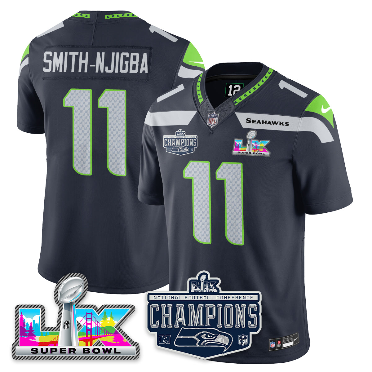 Jaxon Smith-Njigba - 11 Seattle Seahawks 2025 NFC Champions Vapor Limited Navy Jersey - All Stitched