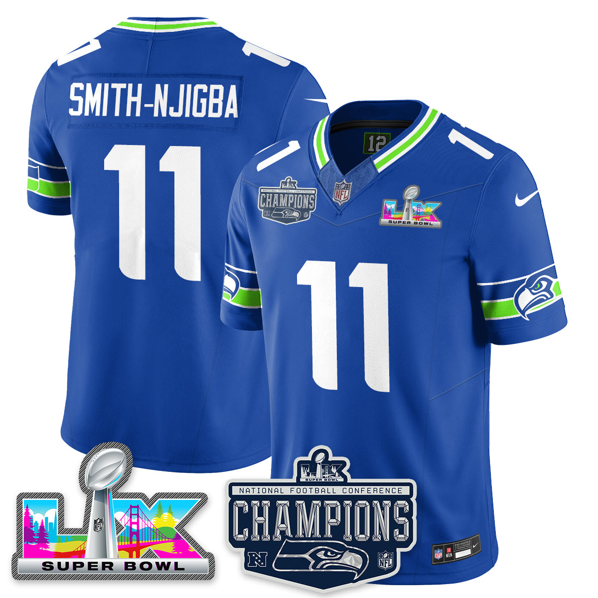Jaxon Smith-Njigba - 11 Seattle Seahawks 2025 NFC Champions Vapor Limited Royal Jersey - All Stitched