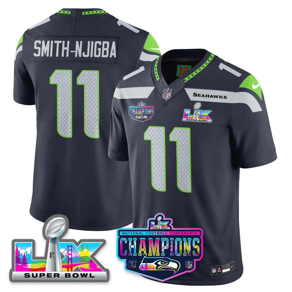 Jaxon Smith-Njigba - 11 Seattle Seahawks 2025 Vapor Limited Navy Jersey - NFC Champions Limited Patch - All Stitched