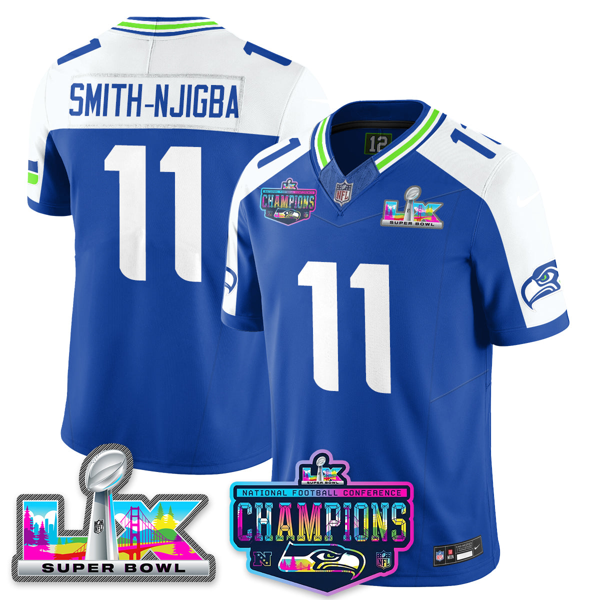 Jaxon Smith-Njigba - 11 Seattle Seahawks 2025 Vapor Limited Royal Alternate Jersey - NFC Champions Limited Patch - All Stitched